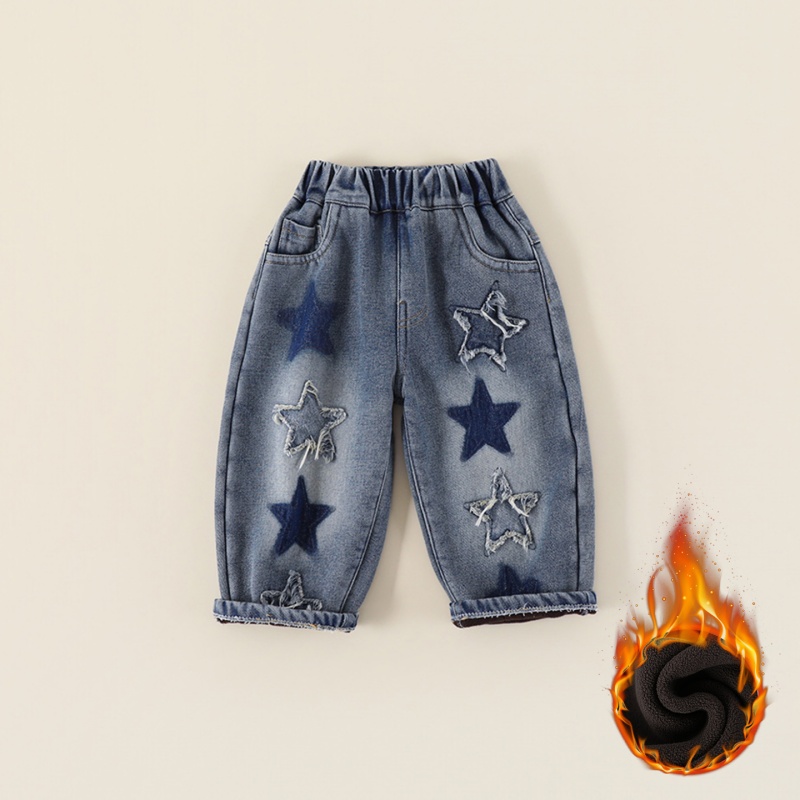 现货【薄绒】儿童加绒牛仔裤冬季新款男童韩版毛边星星裤子CK394
