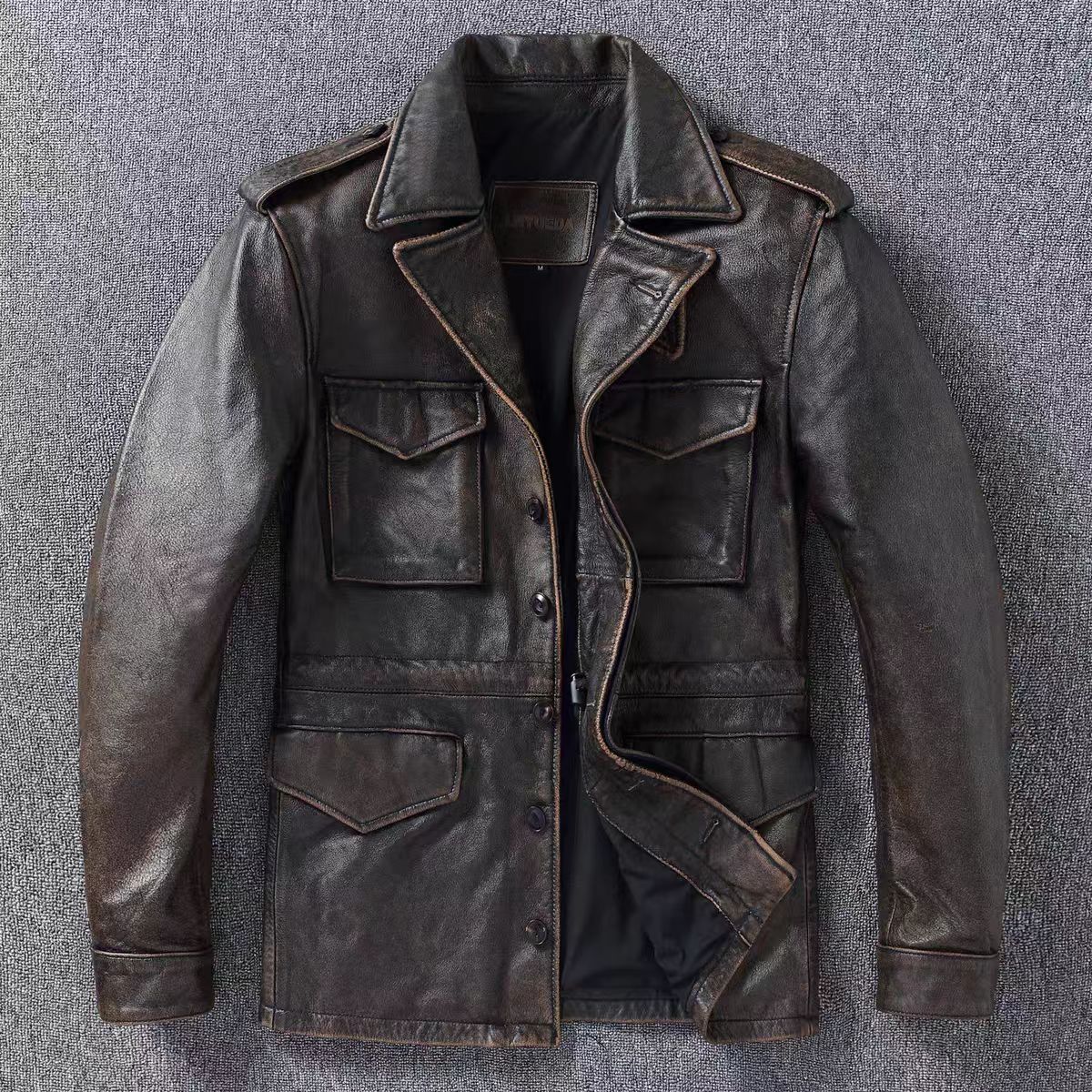 经典M43中长款风衣外套头层牛皮重水洗石磨做旧卡其棕真皮外套