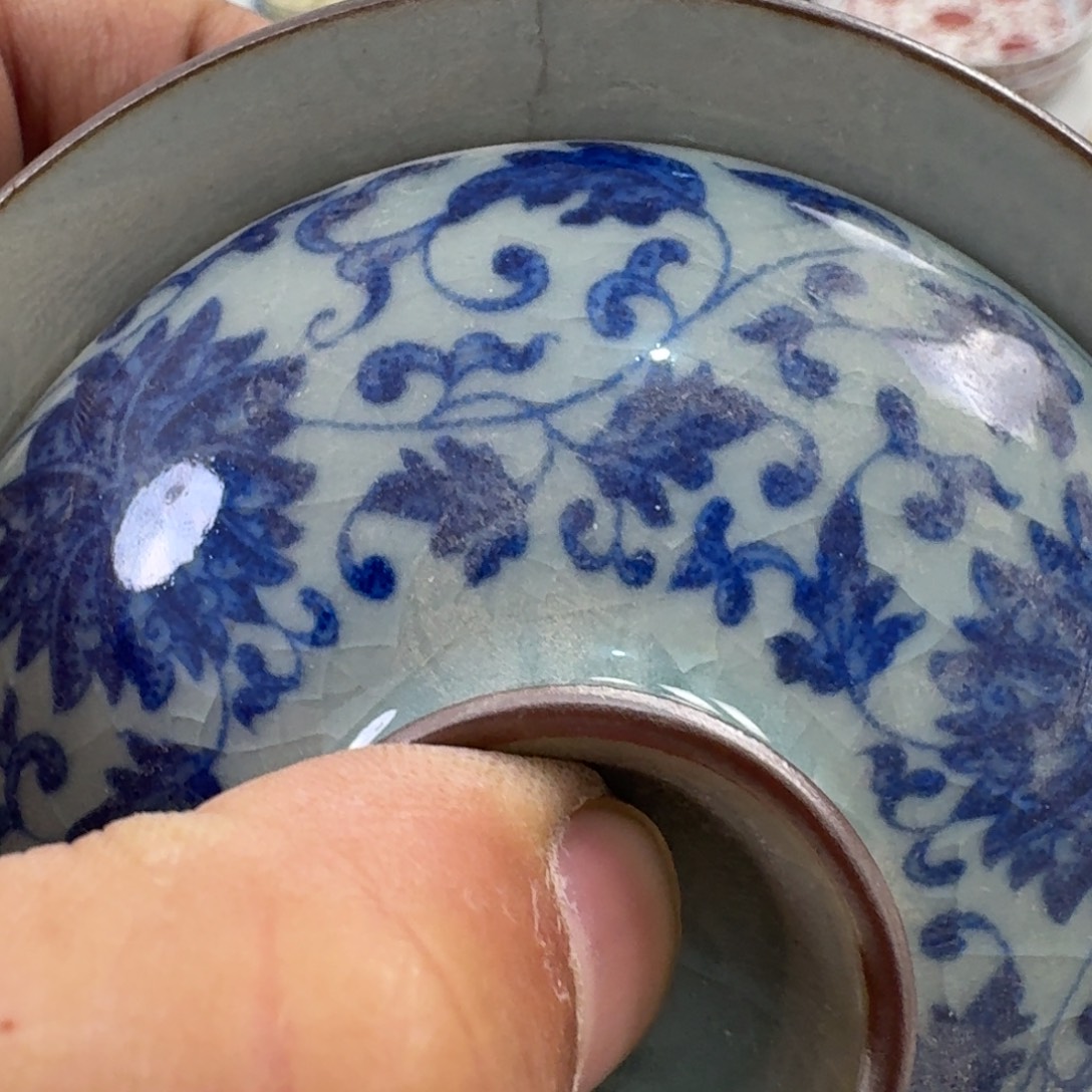摆件老陶泥青花变两才盖碗微瑕