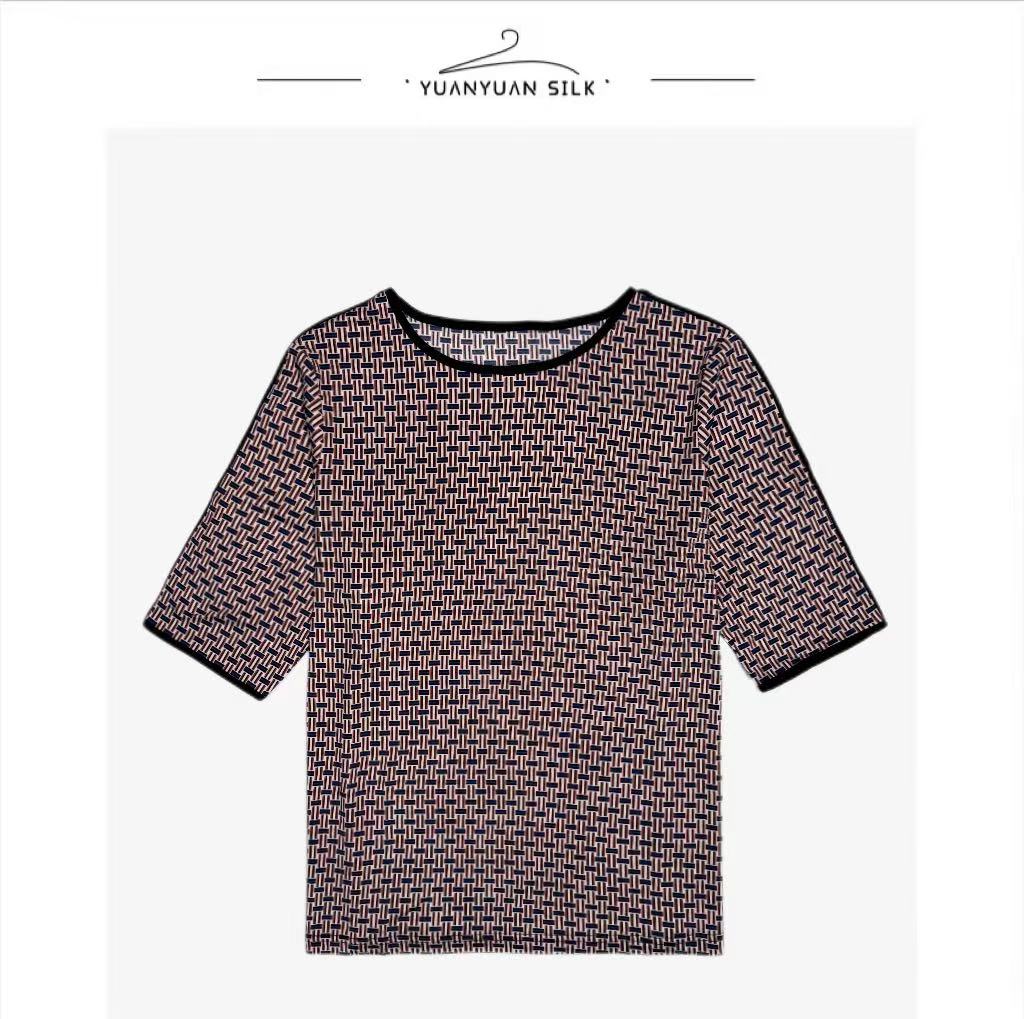 A【印花上新】100%桑针织蚕丝印花双面圆领镶边中袖上衣9462-2