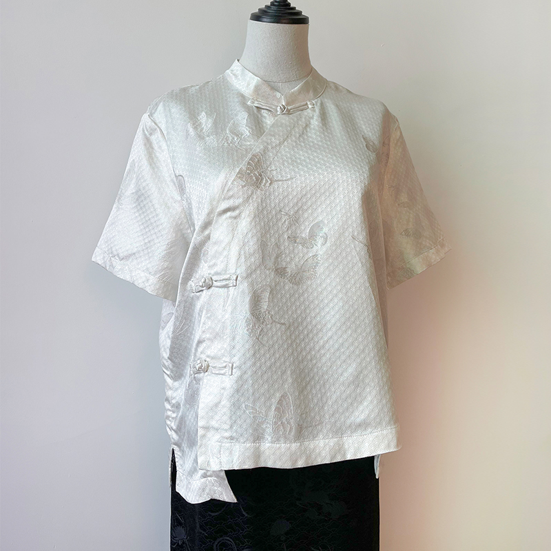 蝴蝶正娟短袖衬衫复古门襟2025年新品女装真丝气质圆领贵妇款上衣
