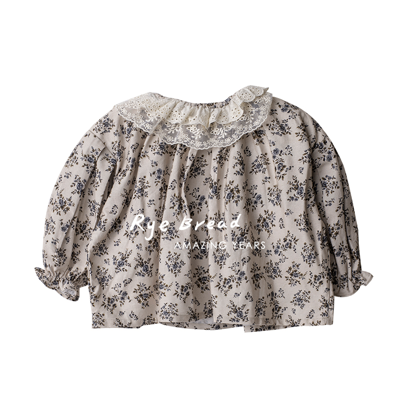 ryebread/黑面包童装 韩系蕾丝花瓣领女中大童碎花棉衬衫4春秋