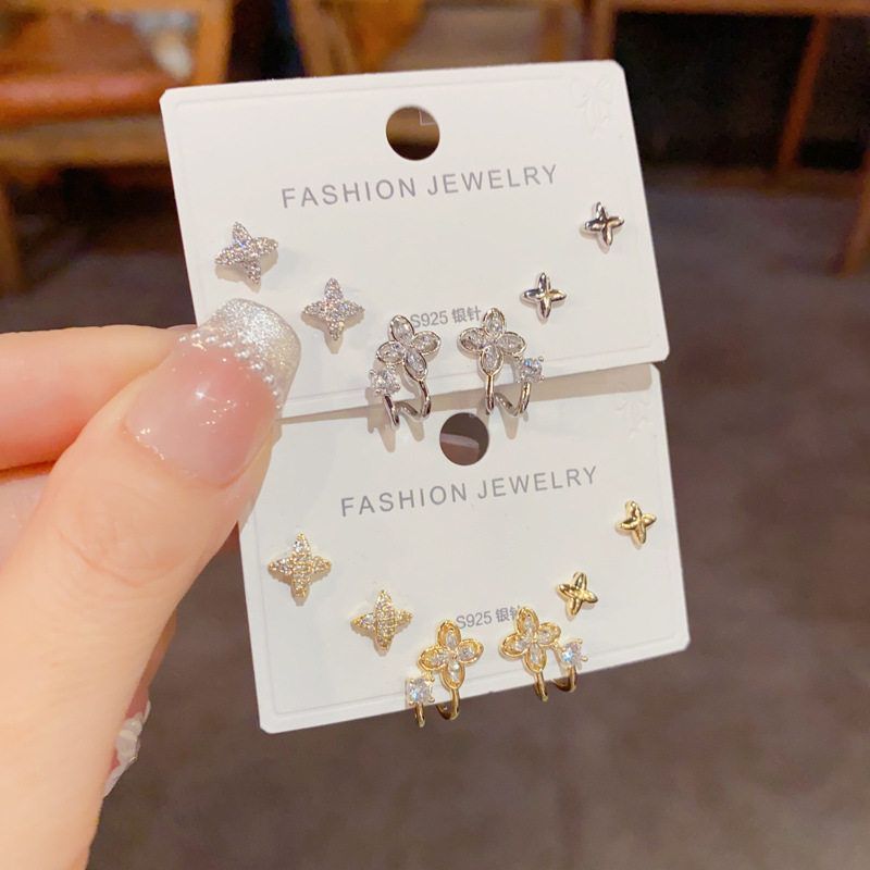 合金耳饰 轻奢S925银针耳钉芒星小众套装气质三件套满钻耳环