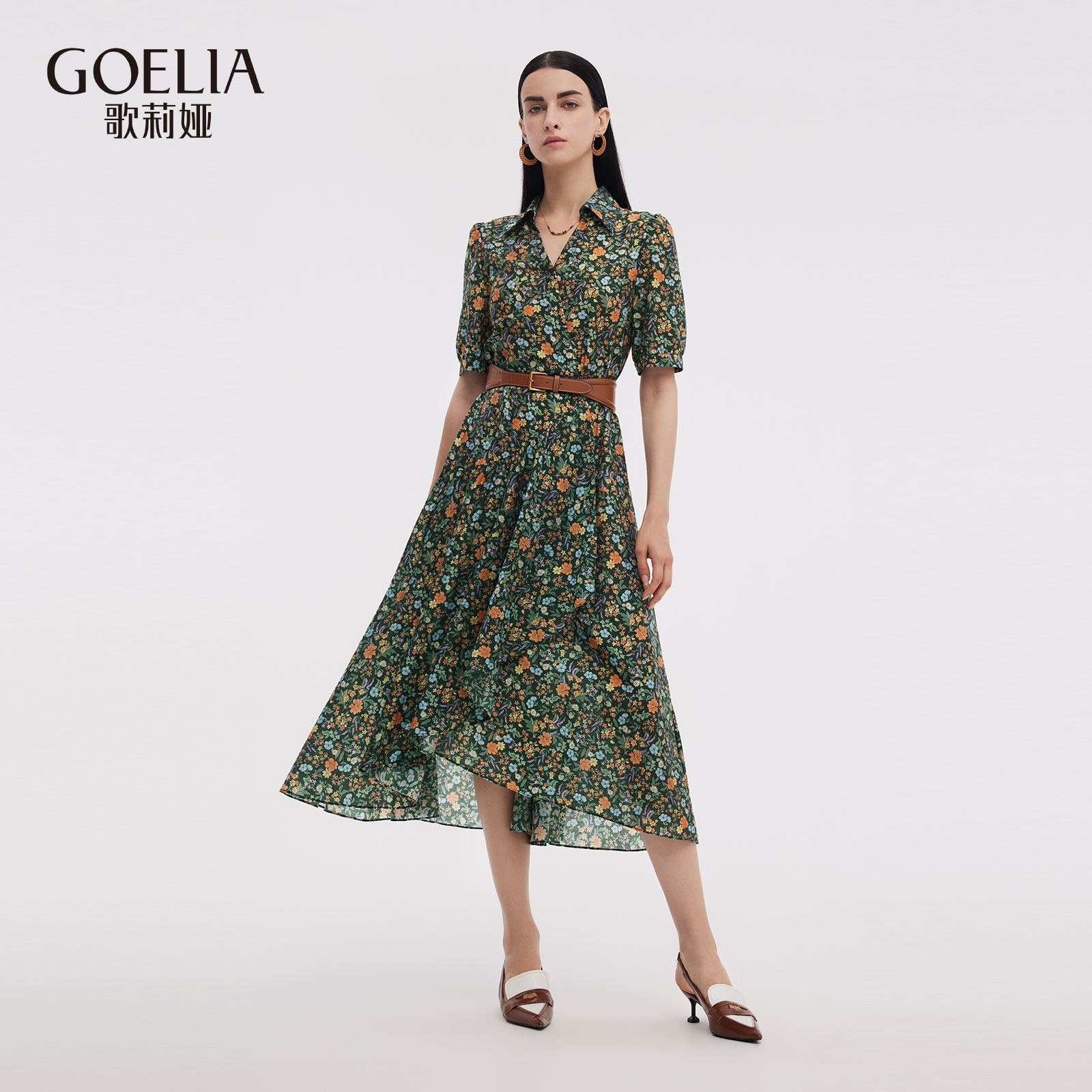 歌莉娅 秋季新品  墨绿森系繁花印花连衣裙1E7C4K240