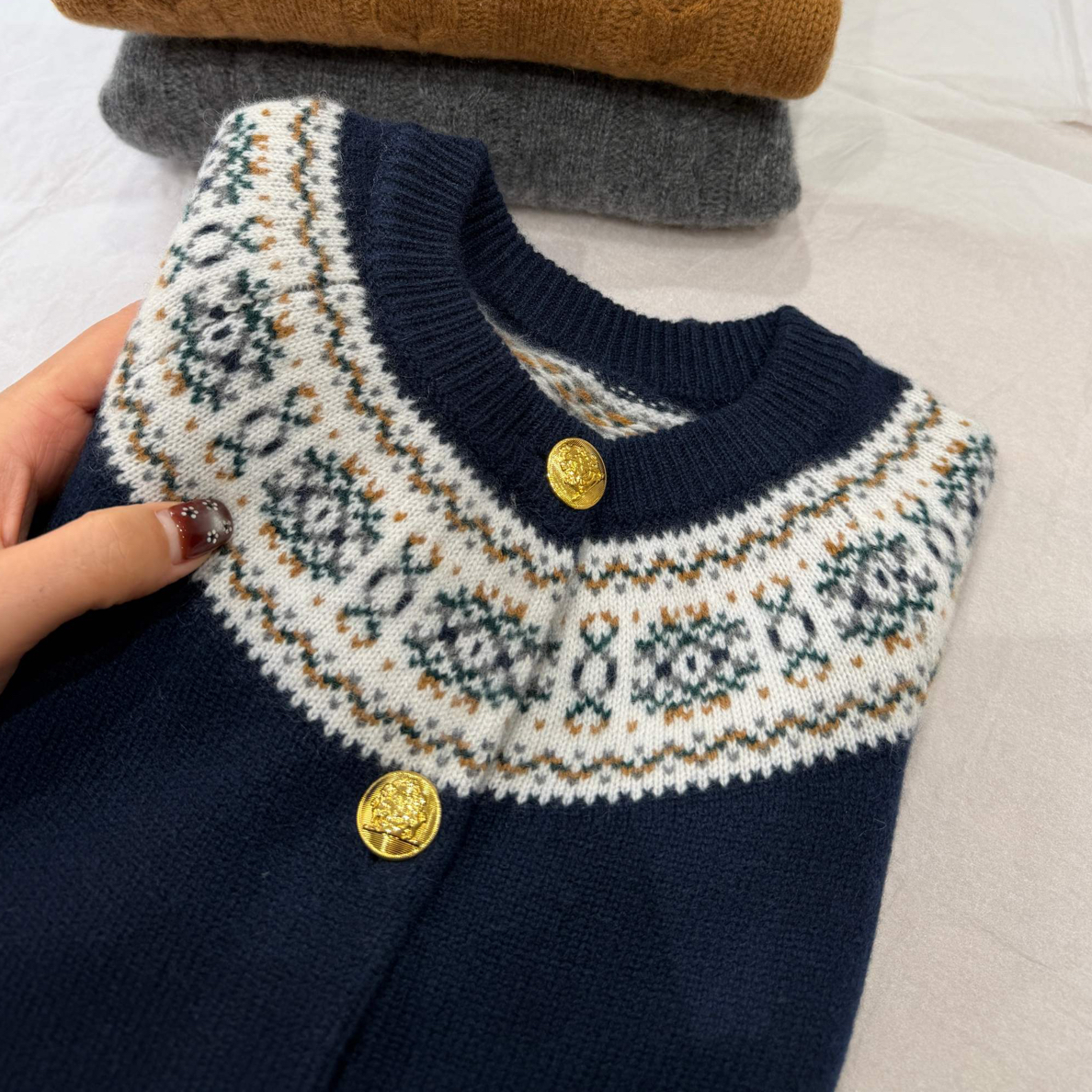 100分纯山羊绒瑟琳同款费尔岛提花开衫外套