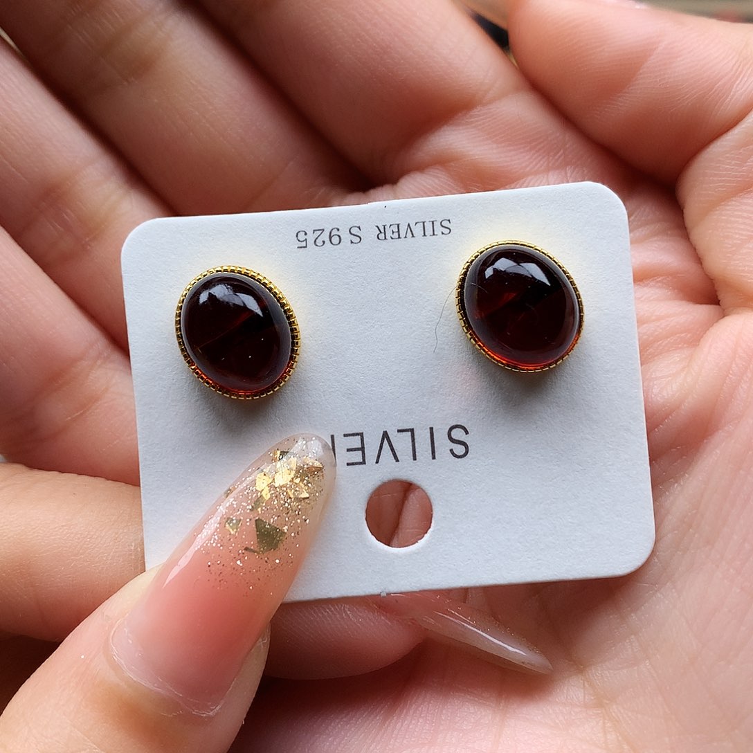 血珀耳饰银S925镶嵌耳钉