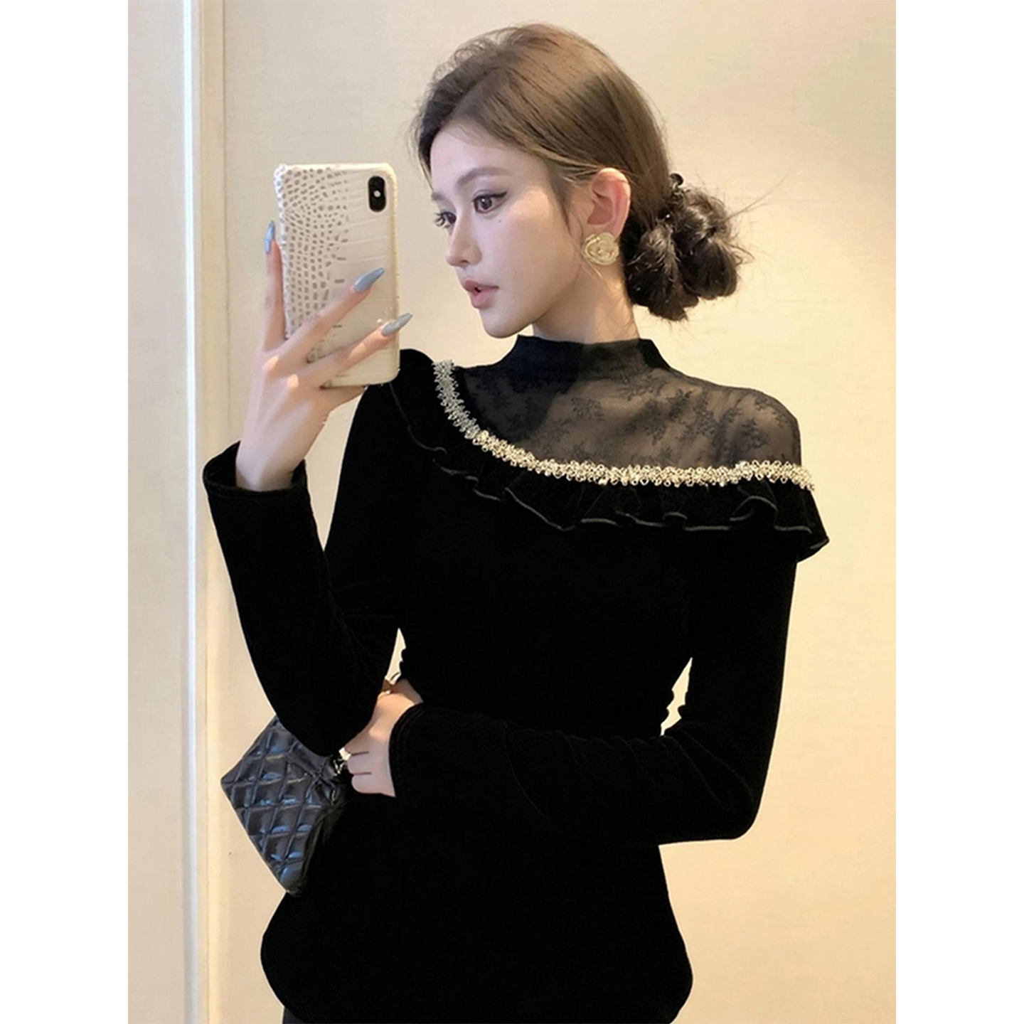 黑色网纱拼接高领丝绒T恤女2025冬季新款高级感显瘦时尚洋气上衣