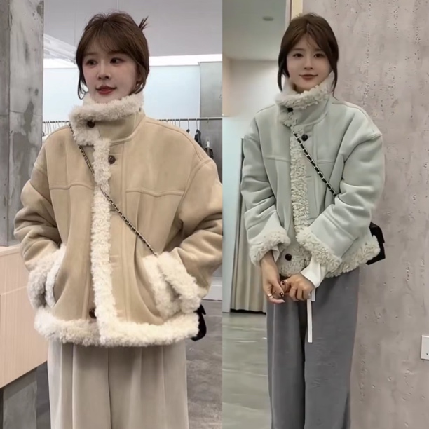 韩系皮毛一体短款加绒麂皮绒外套女2025秋冬季时尚洋气保暖上衣潮