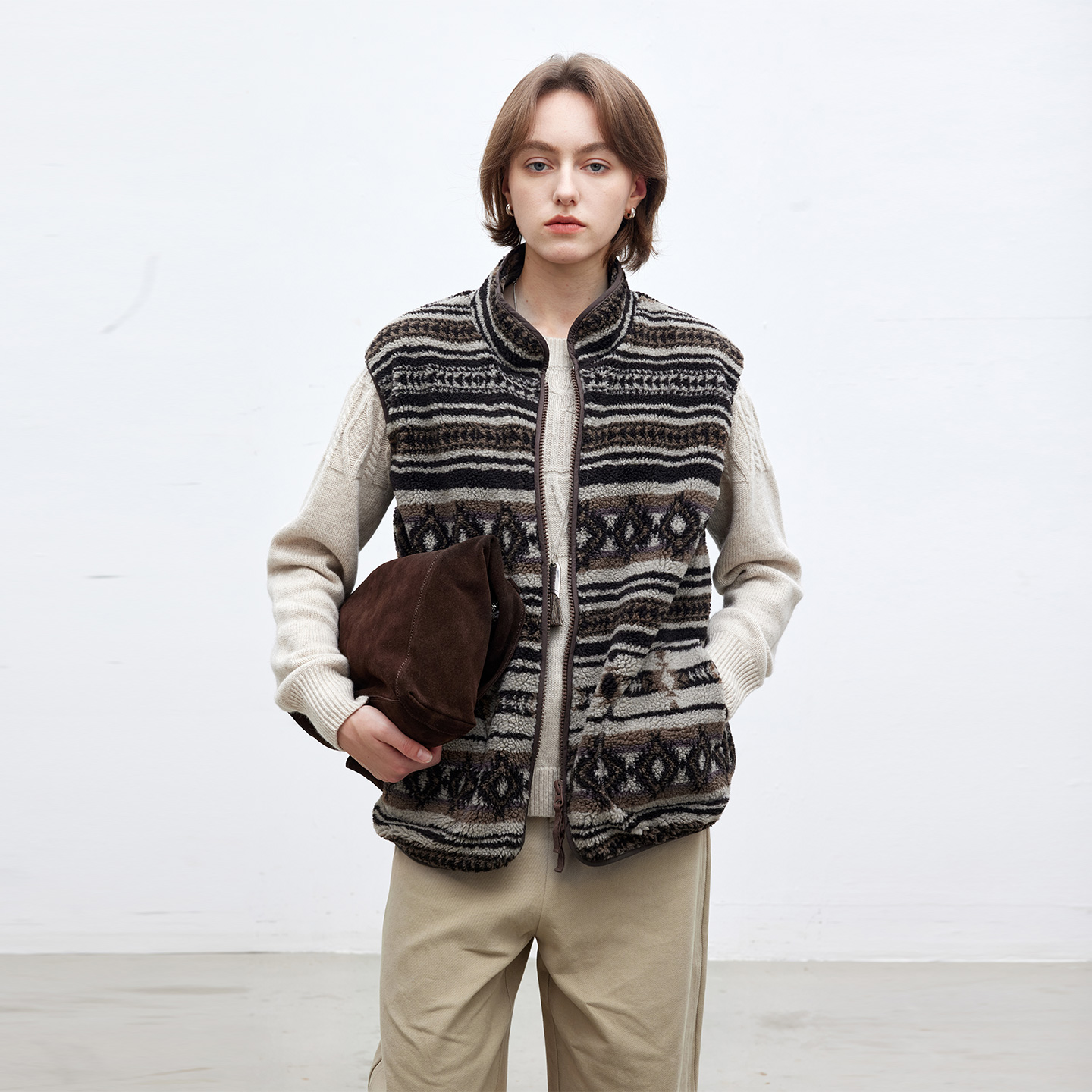 DotDrobe/多着城市游牧风 颗粒绒中长款开衫马甲背心女-咖黑花纹