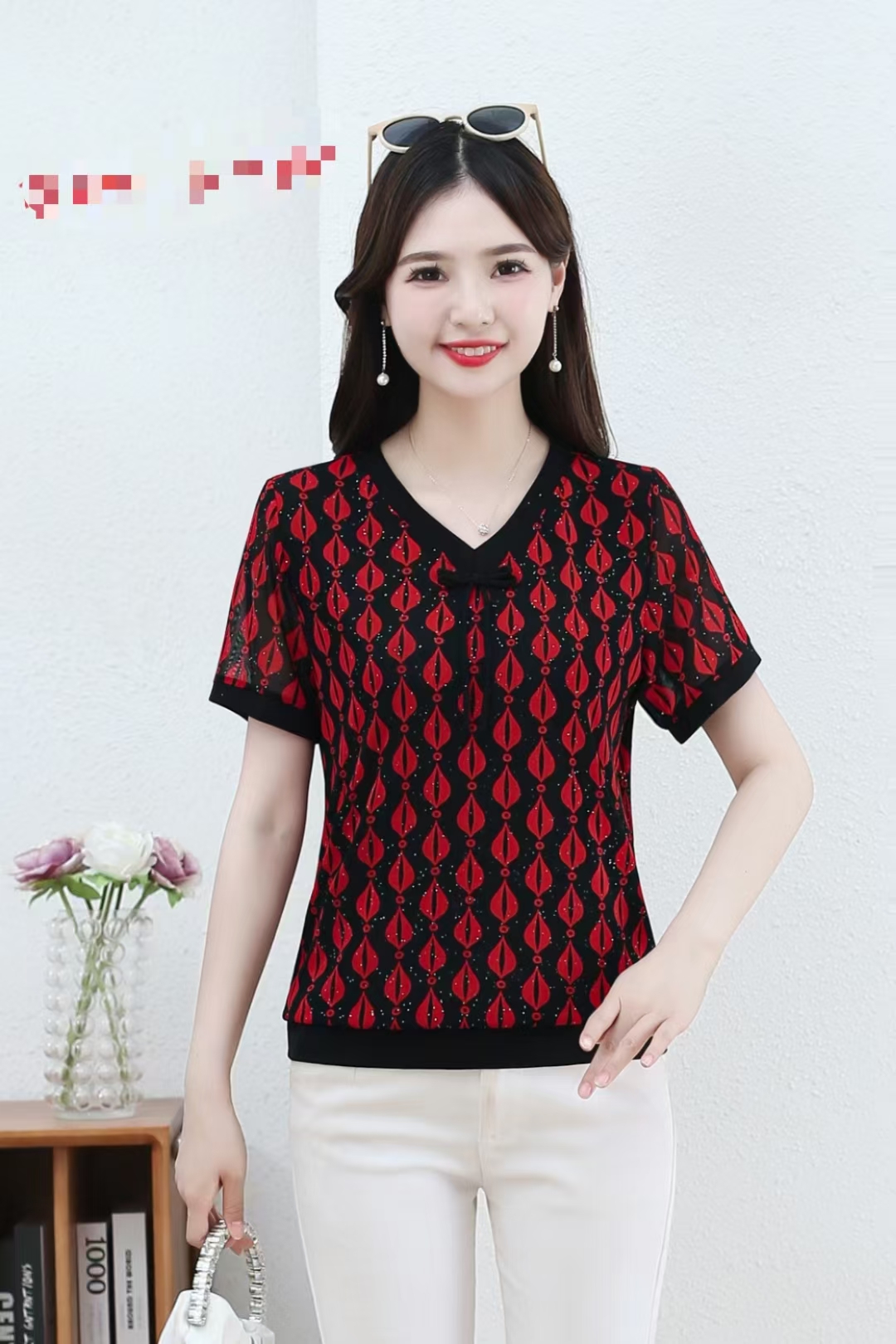 夏季新款气质透气网纱圆领短袖妈妈装上衣