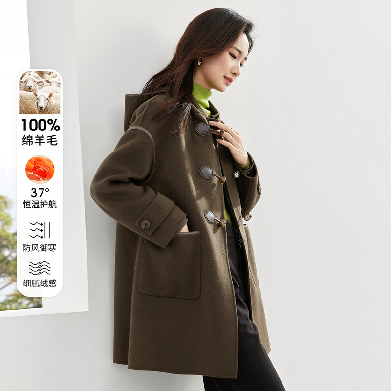 新中式国风潮连帽落肩牛角扣对称口袋双面呢大衣