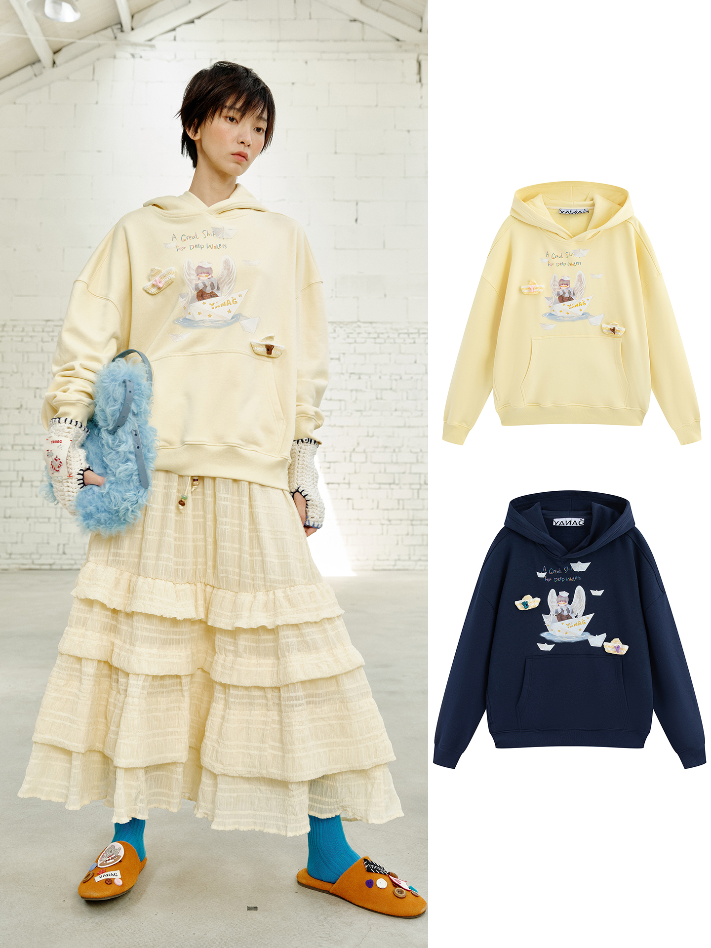 【现货】YANAG设计纸船里的天使连帽卫衣春秋休闲时尚长袖上衣外套