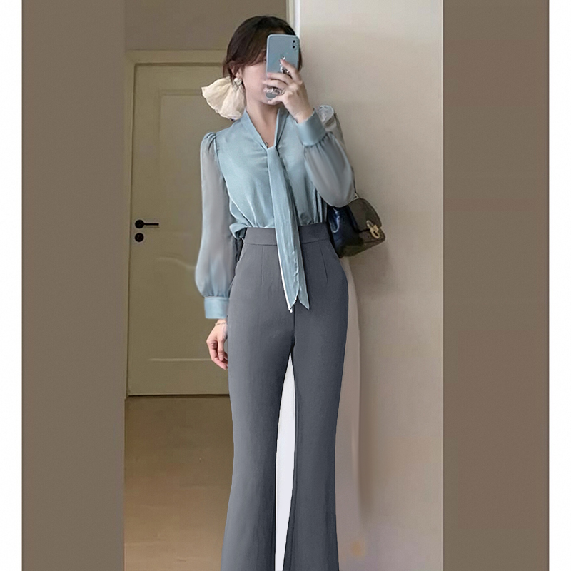 【两件套】飘带衬衫时尚气质显瘦慵懒风女通勤气质上衣+裤子D3622