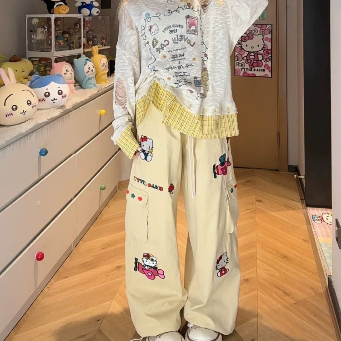 大码胖MM秋季新款裤可爱卡通刺绣高腰宽松阔腿直筒女裤百搭长裤