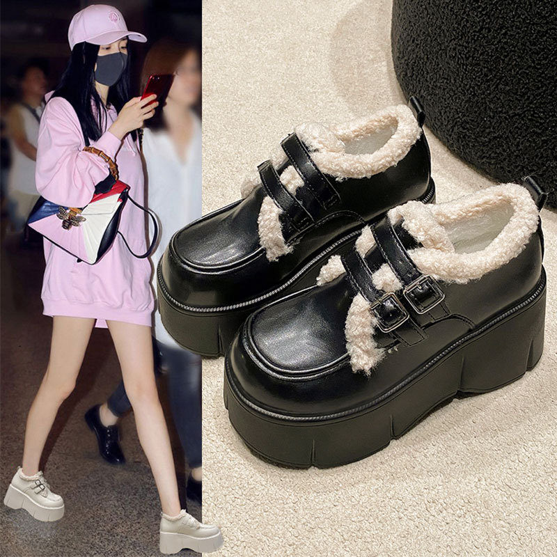 黑色增高9cm小皮鞋复古英伦风金属扣女鞋小个子高跟乐福鞋