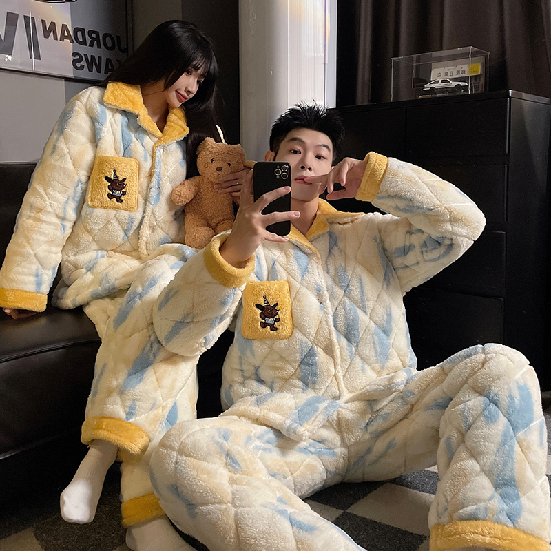 情侣睡衣女秋冬季珊瑚绒加绒加厚冬天翻领卡通可爱男士家居服套装