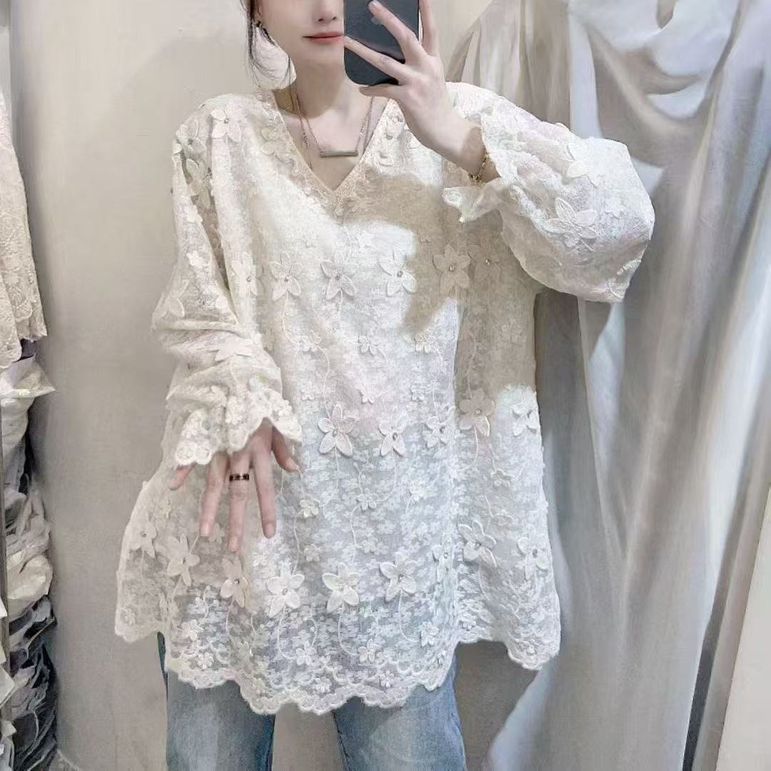 LL琳欧洲站领口钉珠装饰立体花朵图案带里衬蕾丝小衫上衣251921