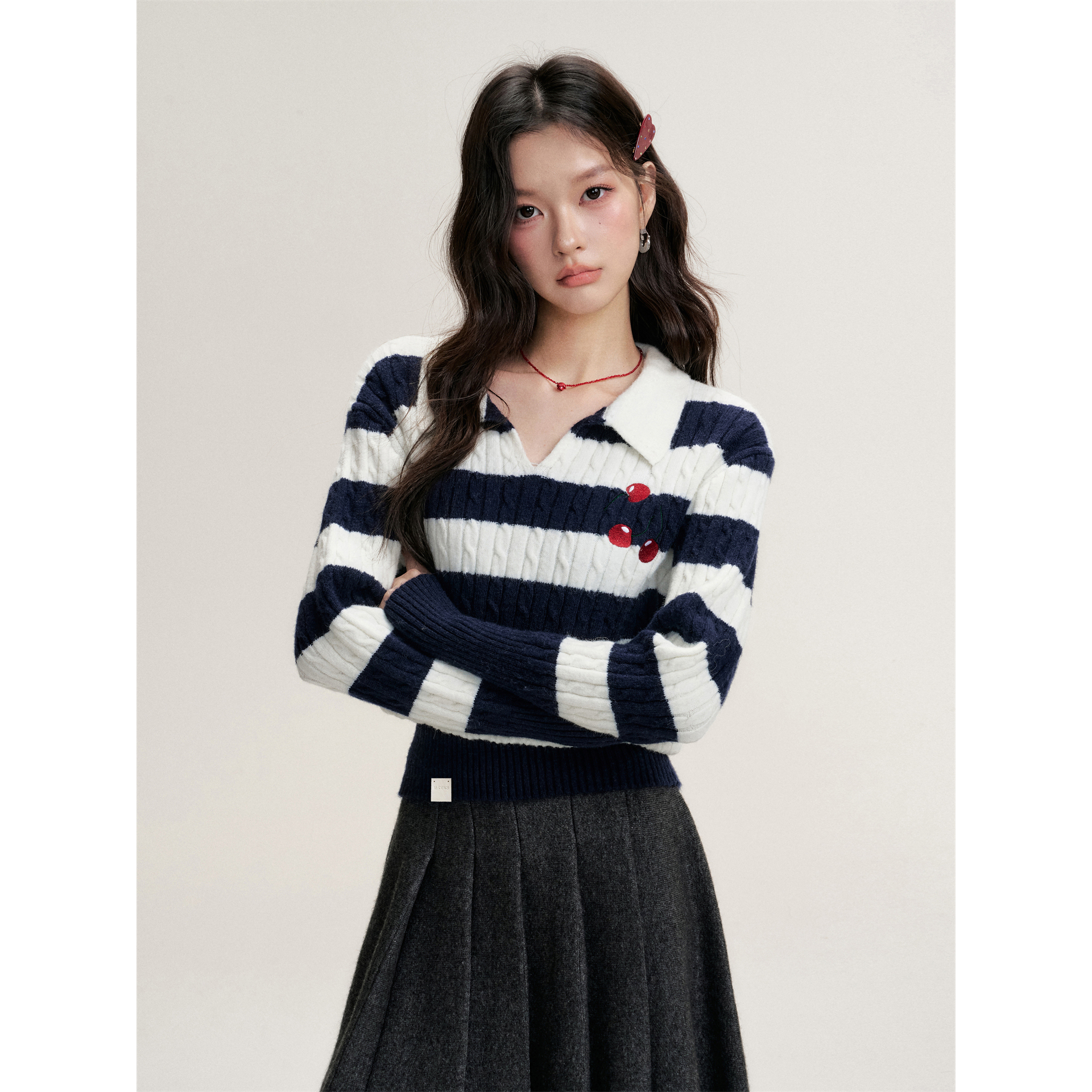 16DEWS 俏皮樱桃绞花纹理撞色套头针织衫女韩系显瘦长袖毛衣5484