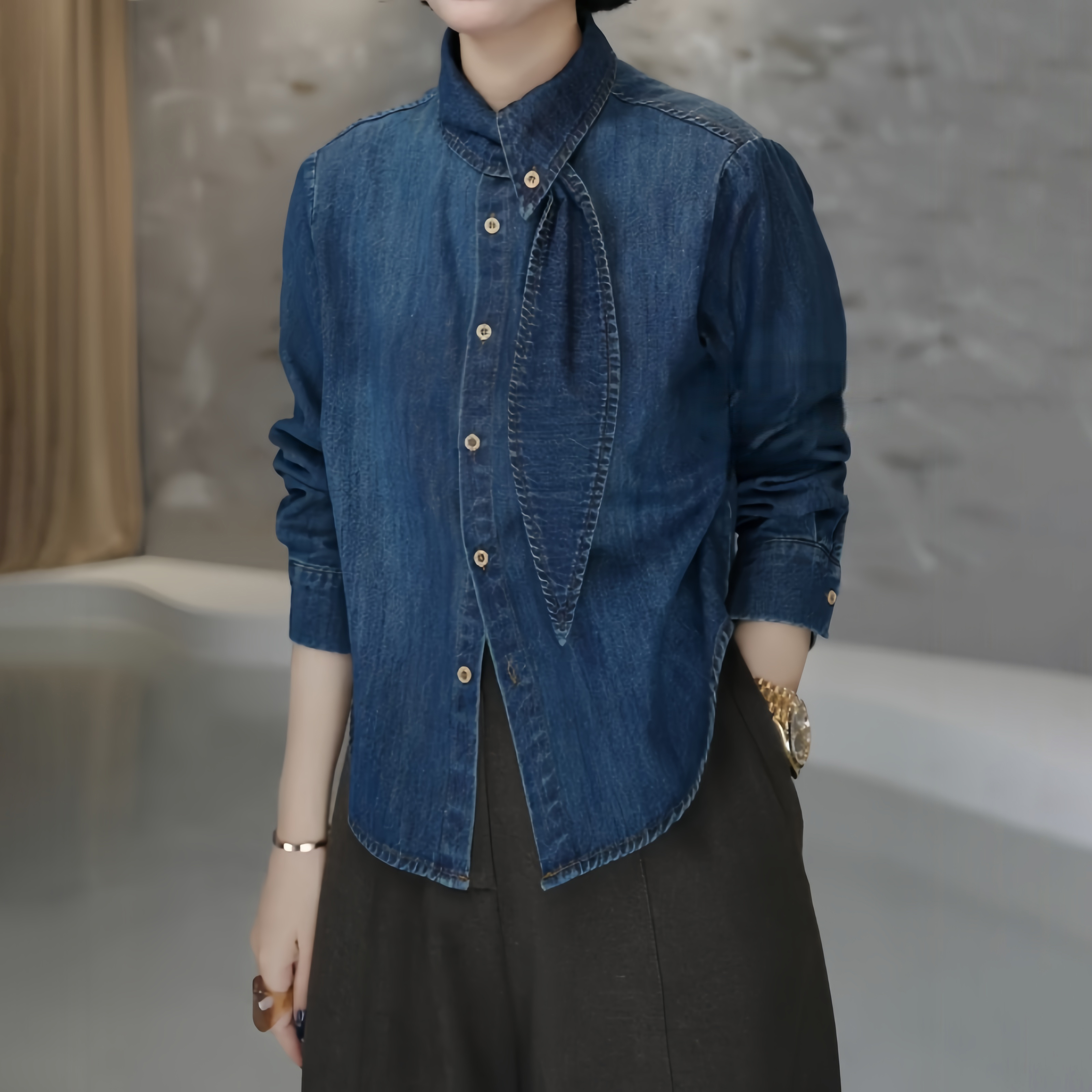复古飘带翻领衬衫2025冬季新款设计感单排扣时尚气质牛仔衬衫上衣