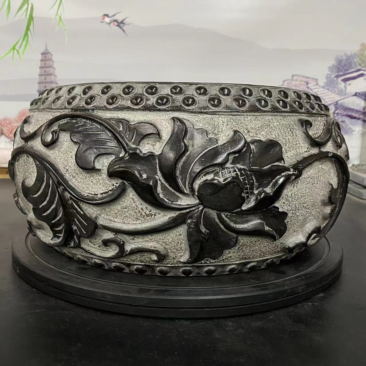 聚鹏阁山西青石【直径40厘米】缠枝莲/茶室会所客厅装饰造景摆件