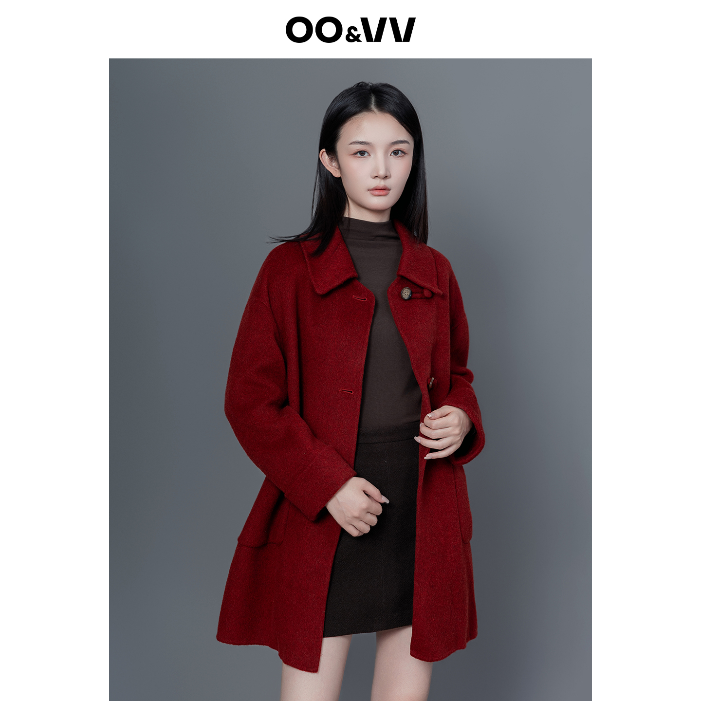 OO&VV2025秋冬新款纯色翻领双面呢大衣女中长款毛呢外套时尚潮流