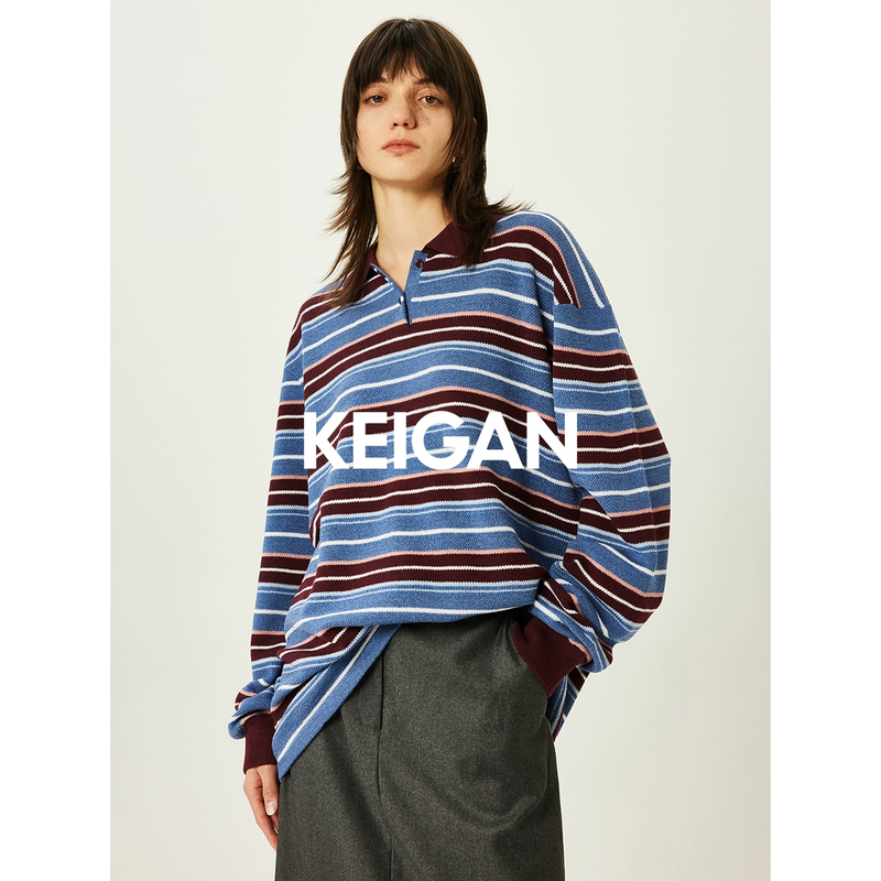 KEIGAN/开间复古T恤直筒休闲风针织条纹休闲黑色长袖宽松型外穿