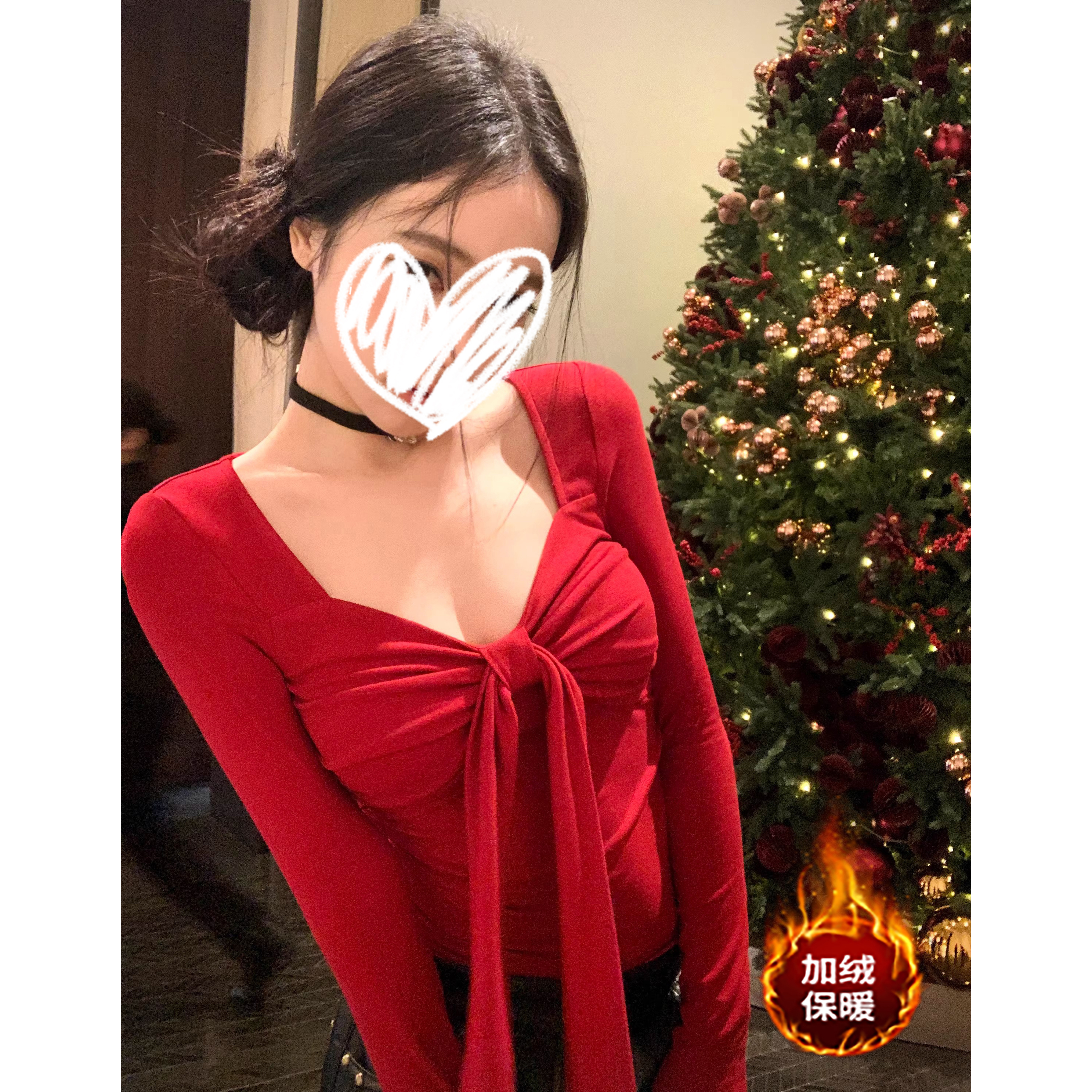 秋冬穿搭加绒系带长袖t恤女纯欲风性感设计收腰显瘦褶皱短款上衣