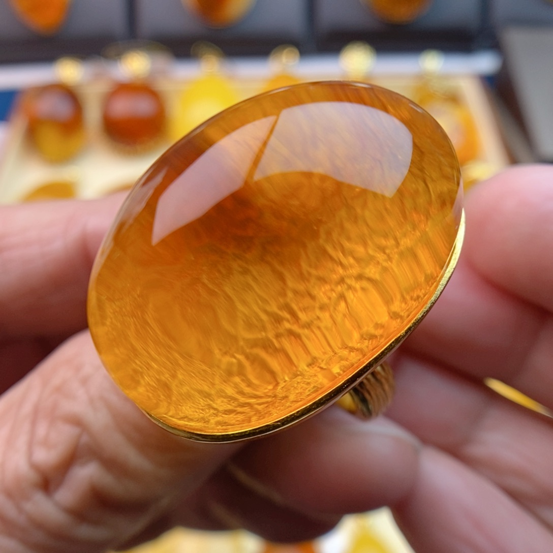 琥珀戒指银S925镀金镶嵌