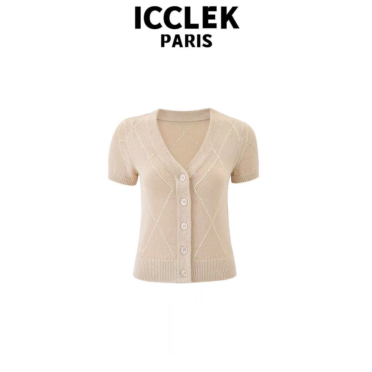 ICCLEK  夏季杏色V领短袖针织开衫减龄气质名媛百搭 -5761