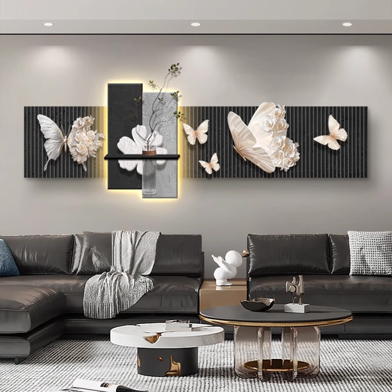 2025水培绿植客厅装饰画蝴蝶立体轻奢沙发背景墙挂画黑白灰壁画