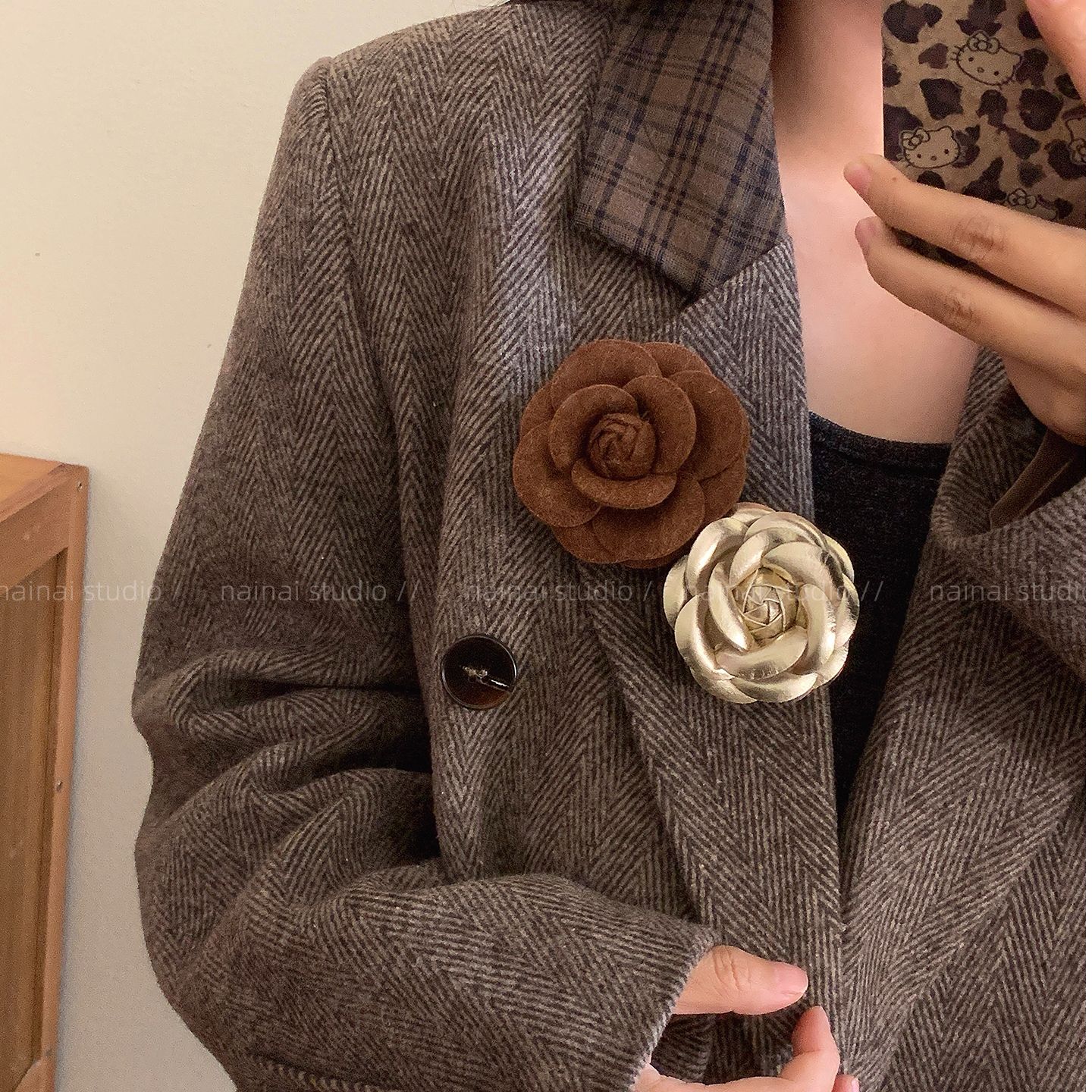 铜布艺胸针 贵气小香风山茶花胸针复古小众设计轻奢别针大衣配饰 