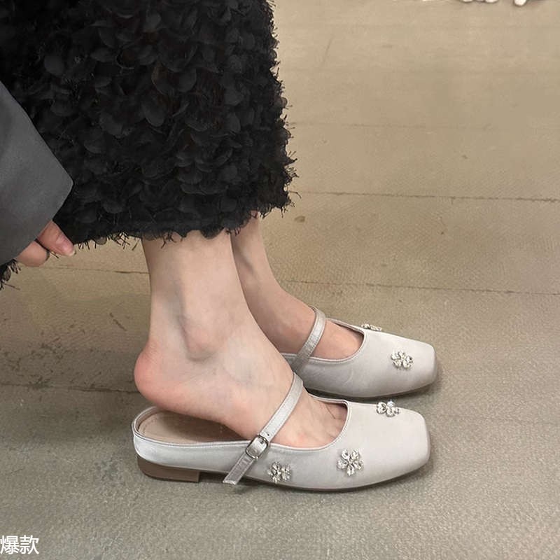 水钻花朵包头半拖鞋女夏外穿2025新款法式绝美半托玛丽珍平底单鞋