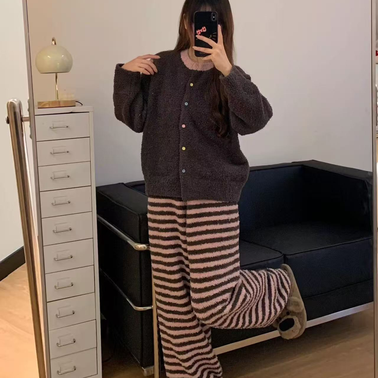 韩系美拉德撞色珍贝绒睡衣女秋冬季加厚加绒保暖条纹家居服套装
