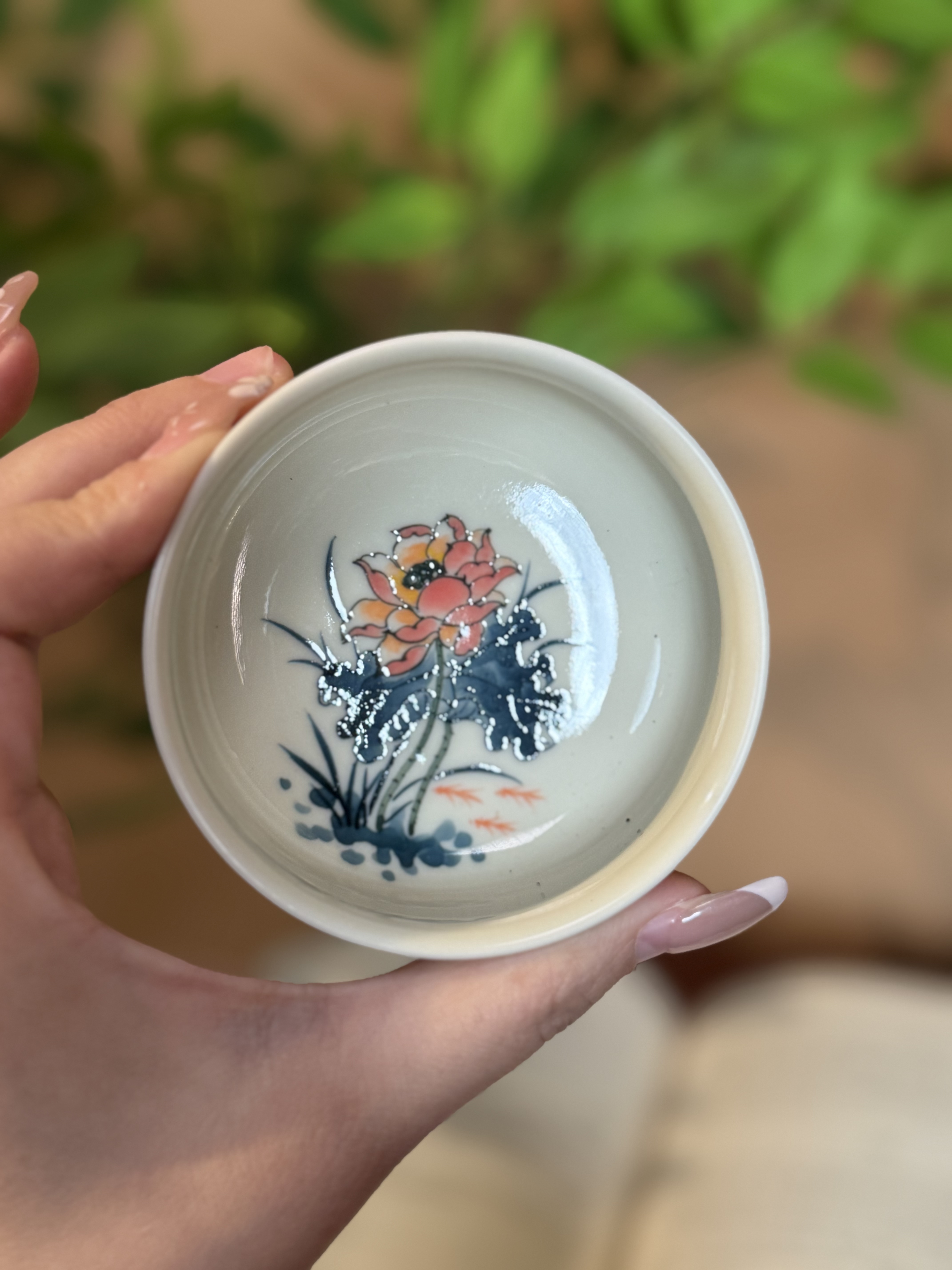 B018【景墨春风】景德镇手工手绘二号釉内绘粉彩荷花炉士杯 60ml