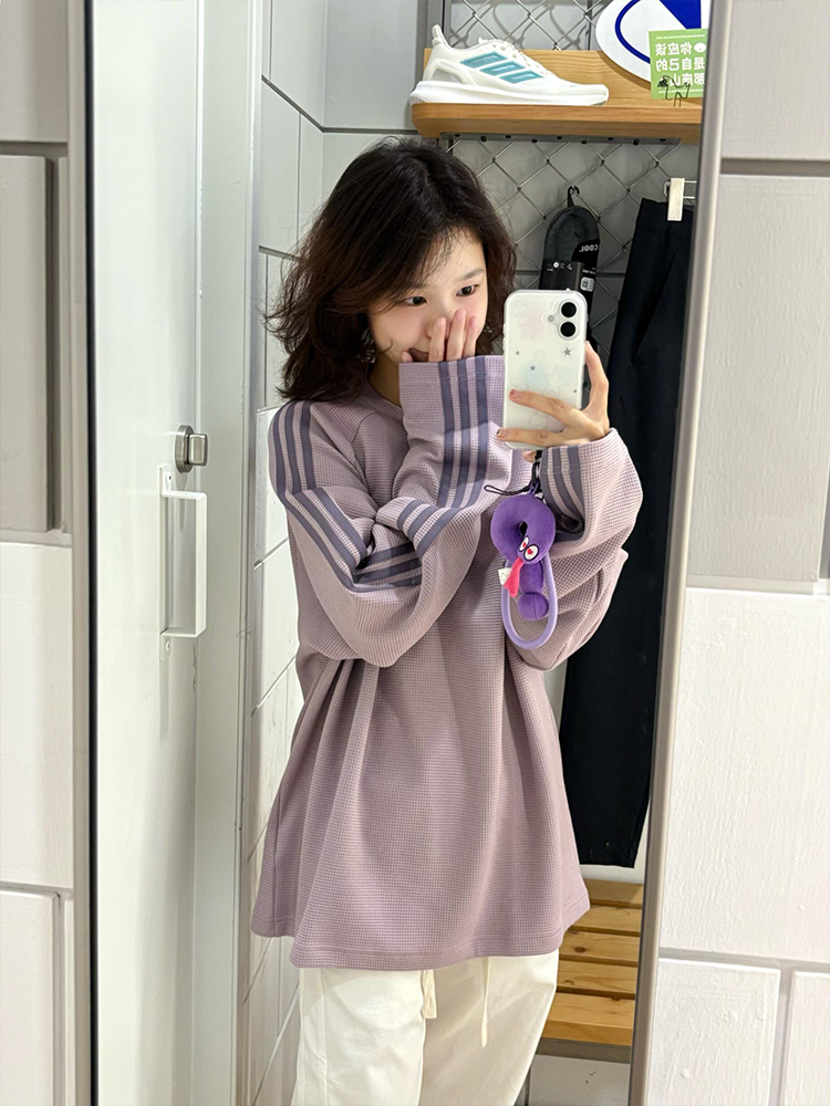 华夫格三条杠紫色长袖t恤女2025秋季新款韩系学院风宽松运动上衣