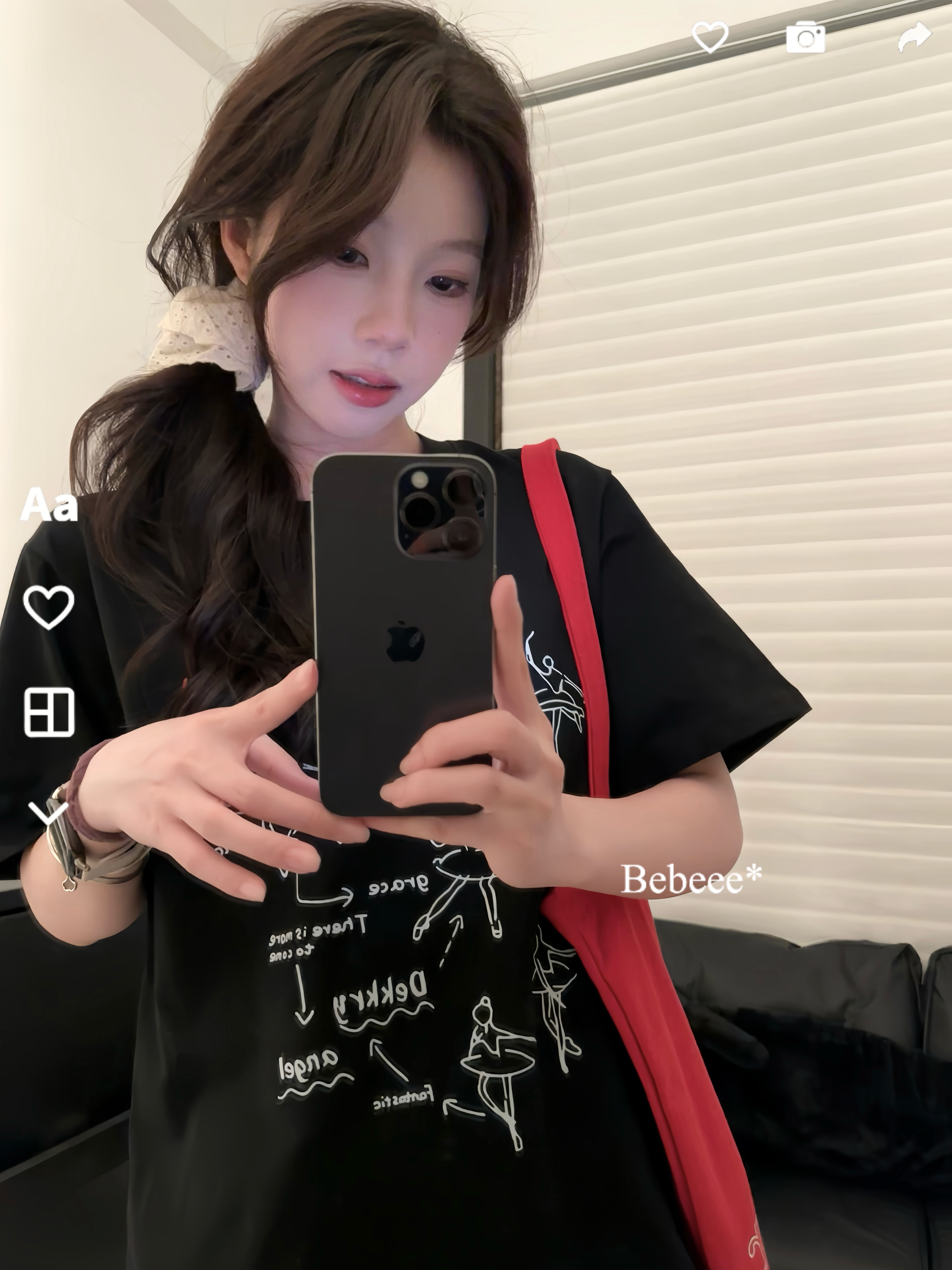 BèBè 夏季百搭黑色芭蕾风短袖圆领宽松纯棉T恤女显瘦小众设计感