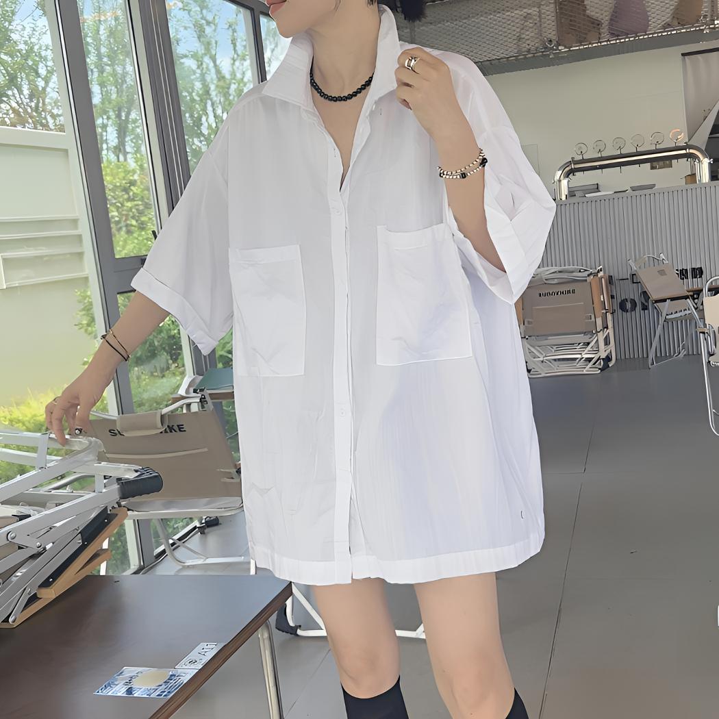 【芬芬姐精选】夏季来米佳定制款短袖拼接翻领洗水棉衬衫中袖宽松