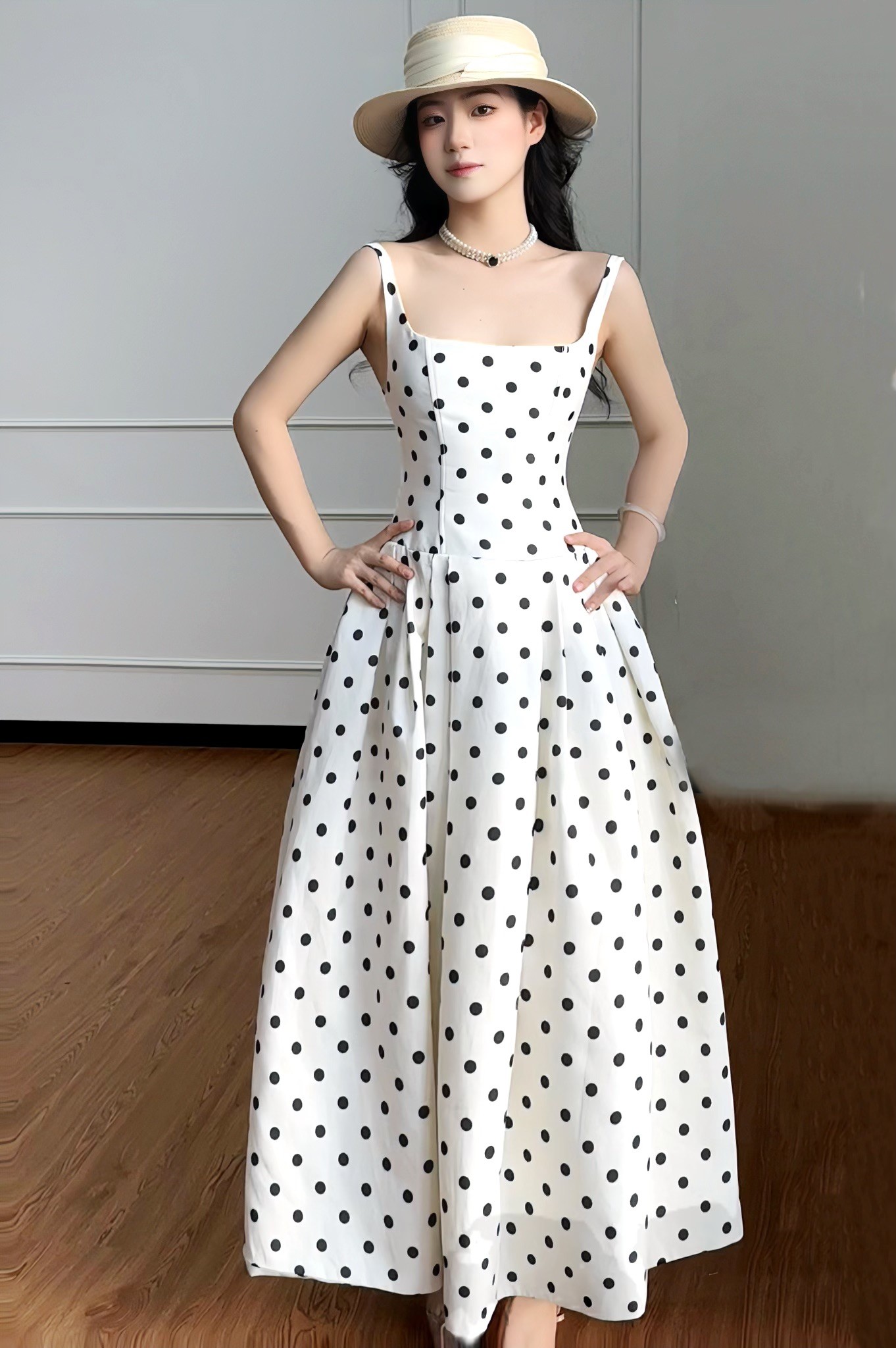 黛娜【巴黎情调】法式复古赫本风白色波点连衣裙气质收腰显瘦长裙子