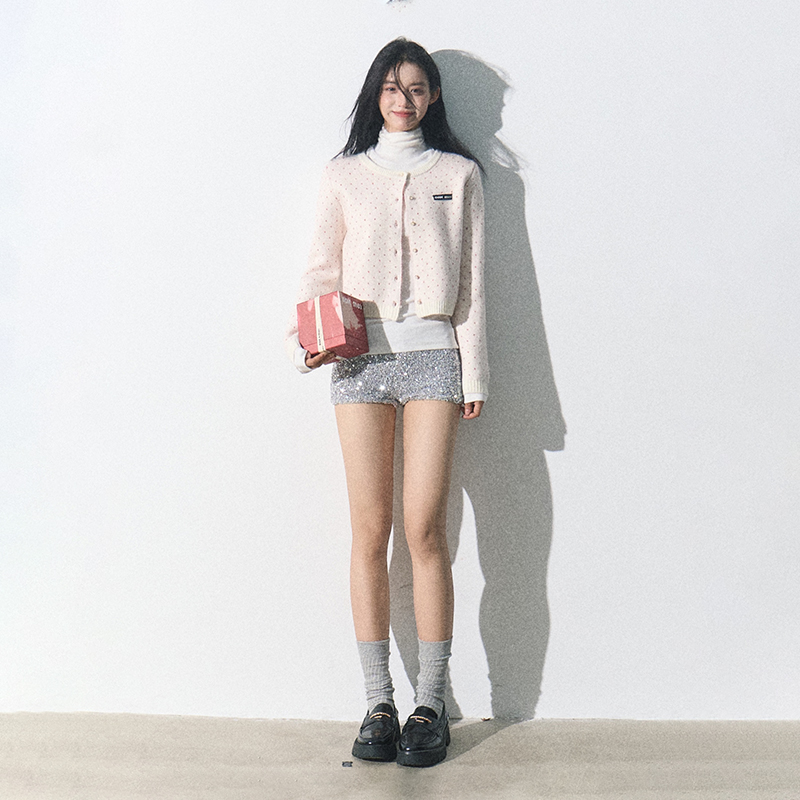 新OAKMOO"小草莓"复古针织开衫套装女秋季圆领长袖上衣短裤两件套