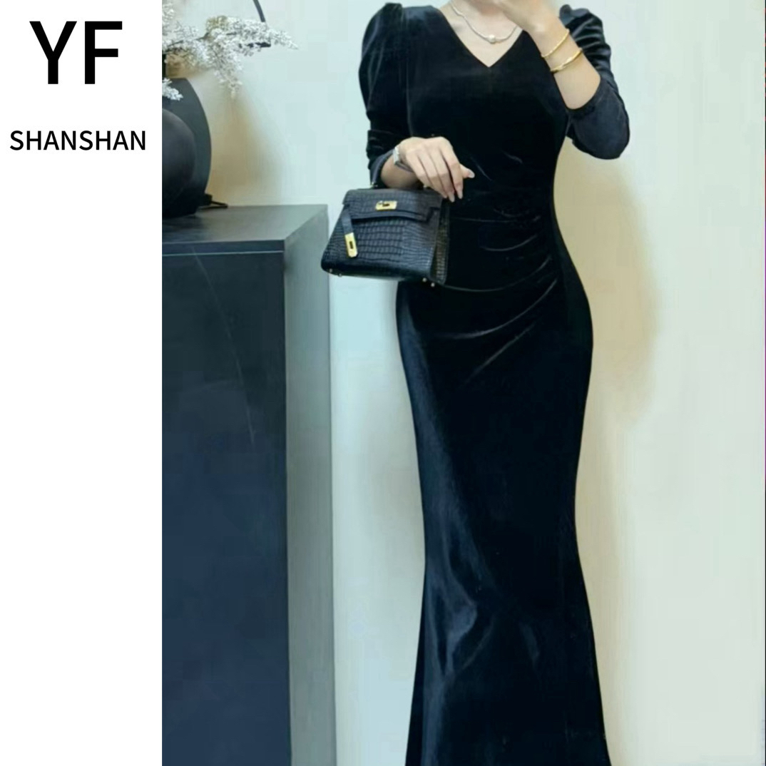 【邂逅优雅】极致腰身褶皱遮腹丝绒鱼尾连衣长裙（带丝带）