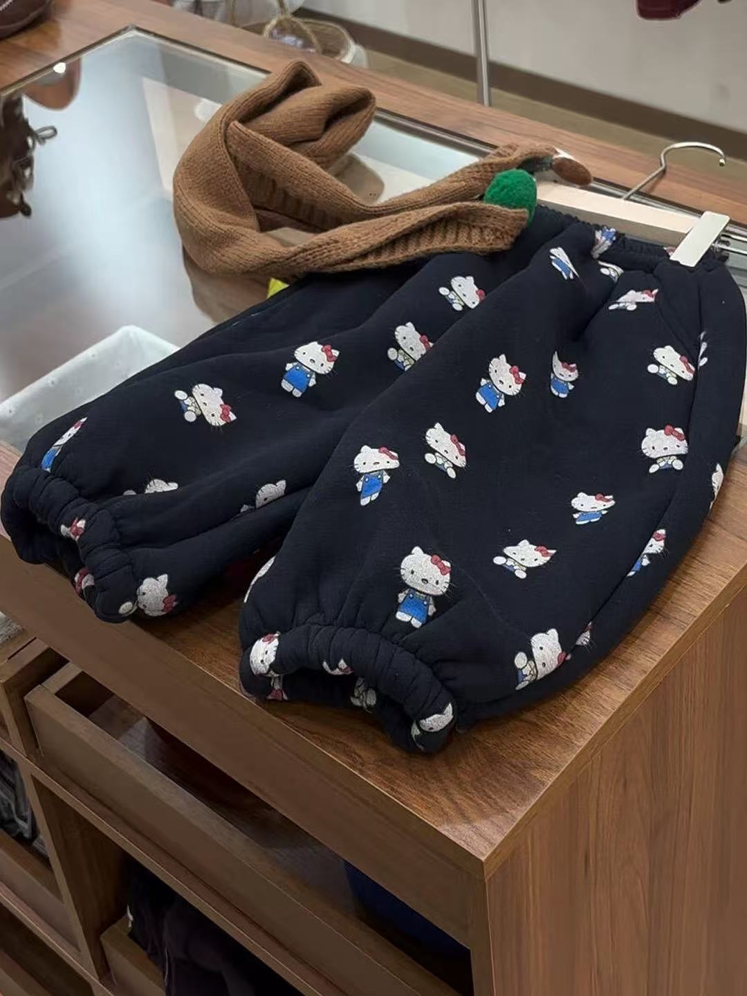 【E8】呆萌范602藏青色猫咪加厚绒裤子童装