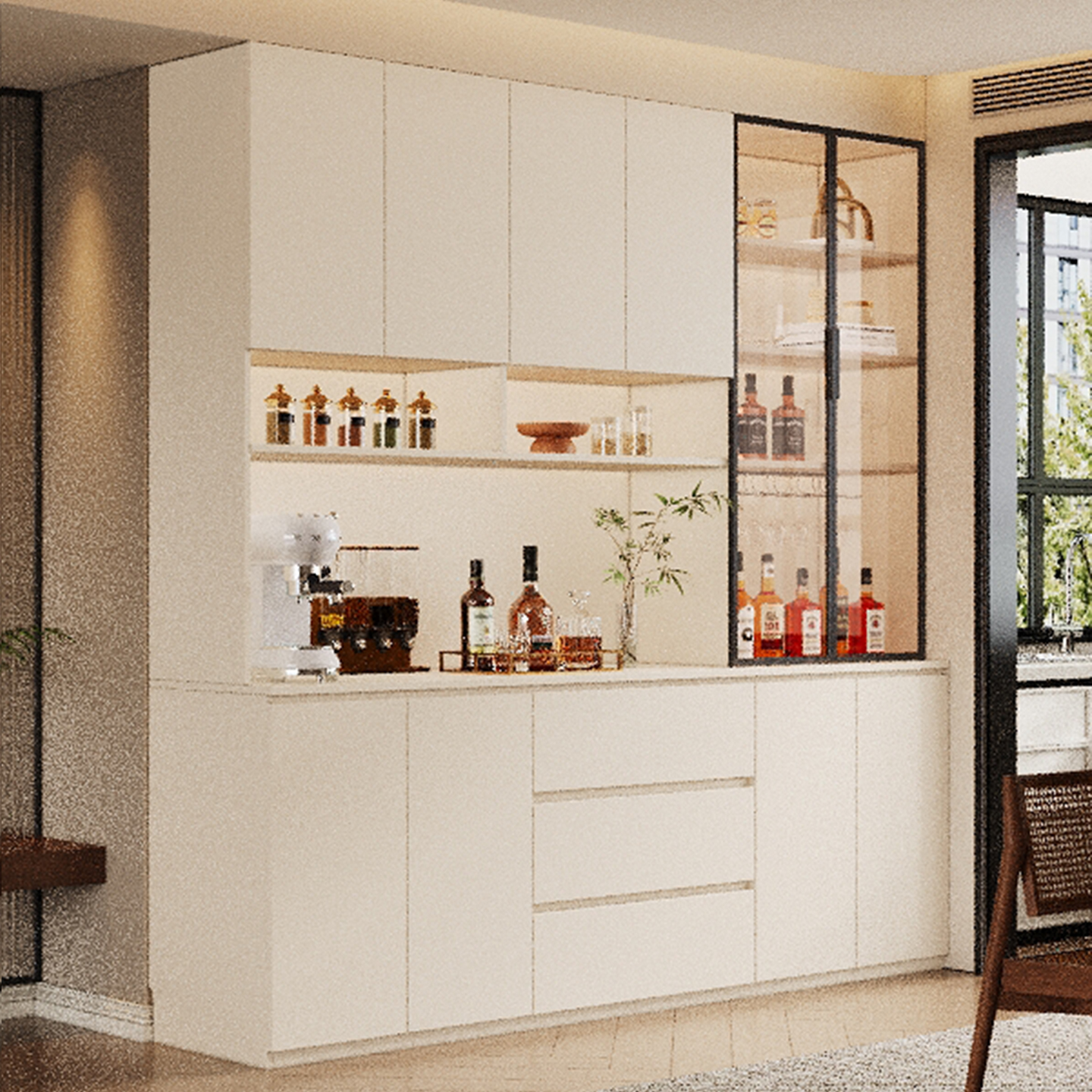 全实木定制餐边柜橡木客厅家用收纳储物玻璃碗柜橱柜靠墙一体高柜