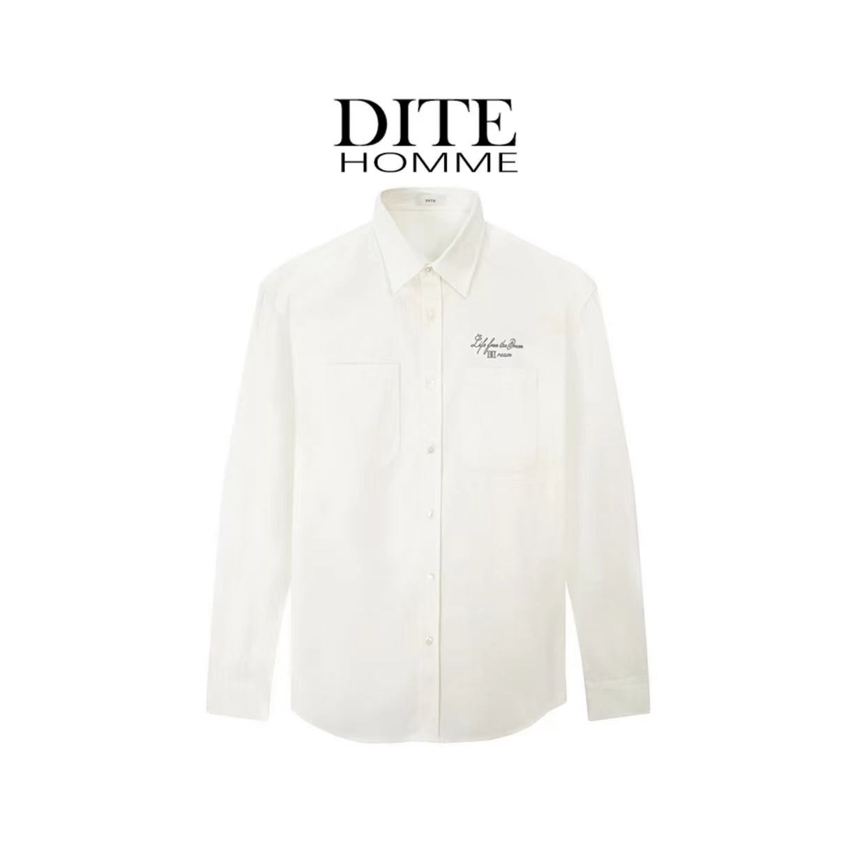 Dite迪特男士白色百搭长袖衬衫时尚休闲刺绣设计春夏新款轻奢衬衣