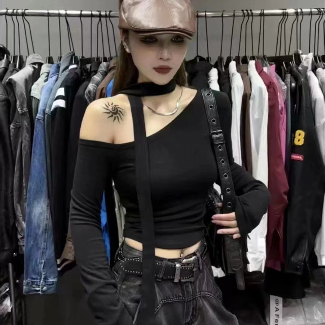 春季新款辣妹斜肩上衣带飘带