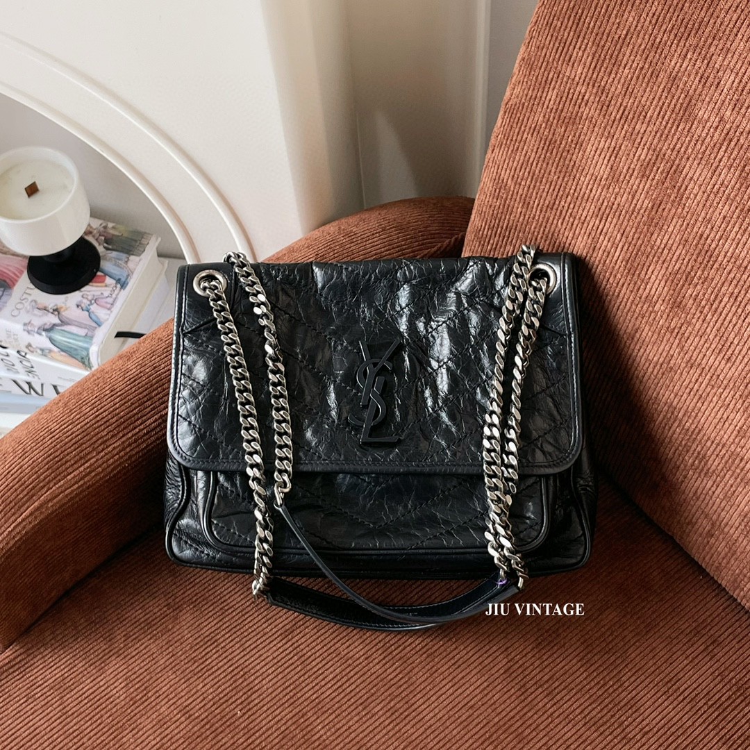 99新 YSL/圣罗兰 黑银中号niki新款D扣中检吊牌BJM13-0108