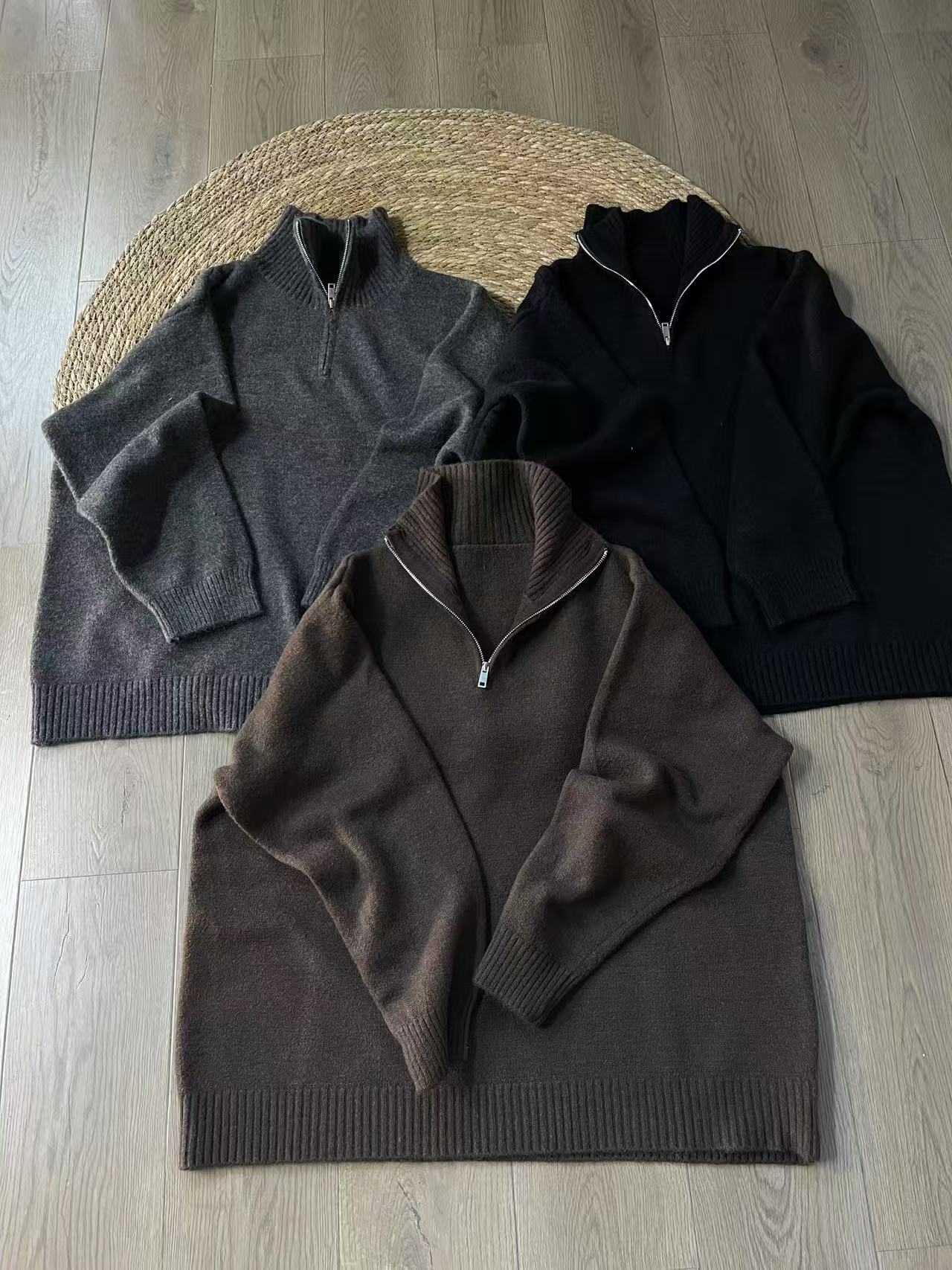 【若汐女装】欧版宽松休闲百搭设计款拉链款翻领秋冬毛衣736