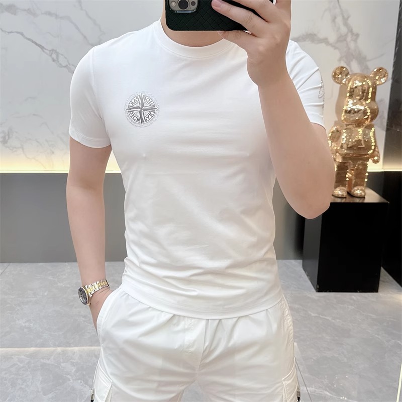 2025夏季新款简约大气徽章烫钻帅气圆领短袖修身百搭休闲T恤男潮