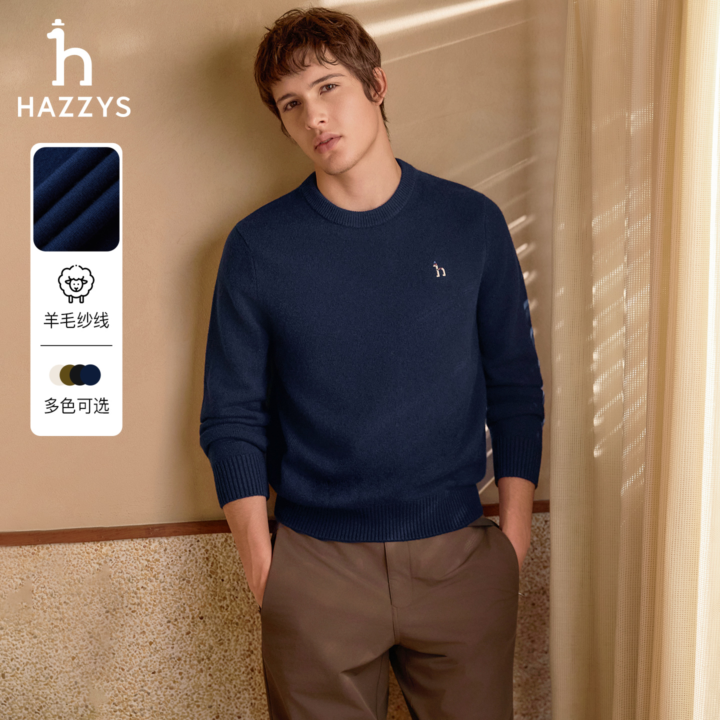 HAZZYS哈吉斯秋冬季男士羊毛衫时尚休闲针织衫圆领套头保暖毛衣
