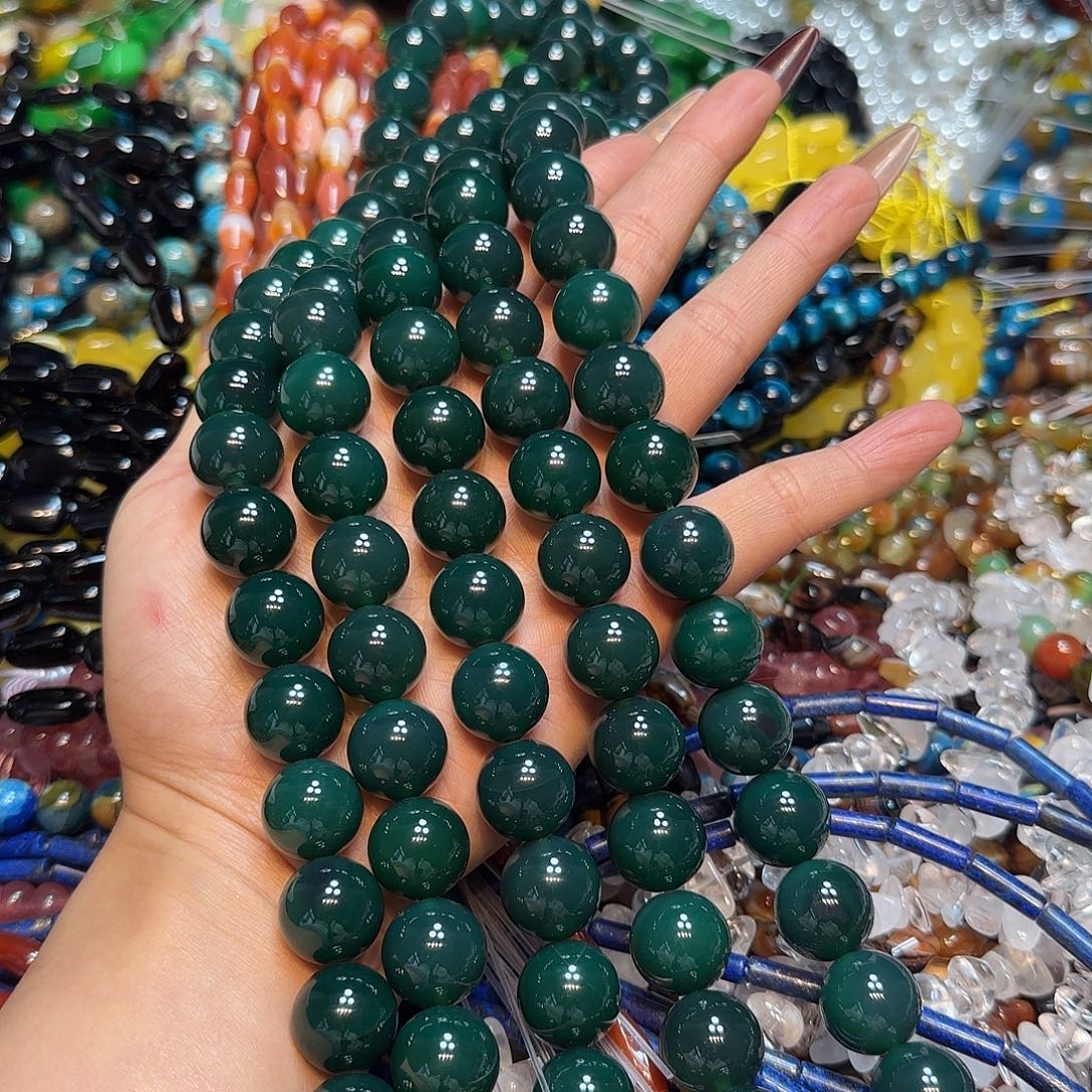 玛瑙/玉髓未镶嵌珠宝半成品16mm碧玉墨绿玛瑙一条