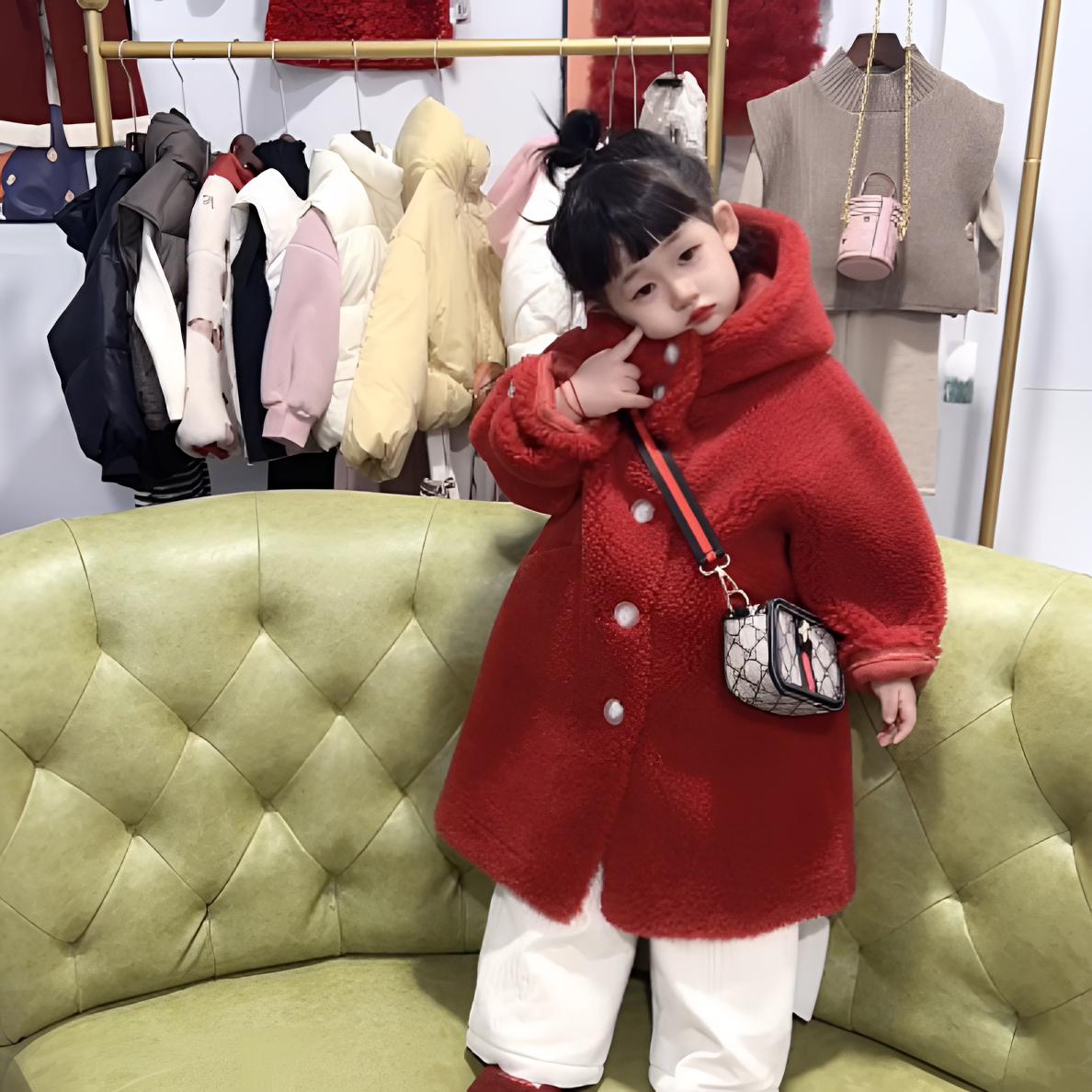 红色女童外套冬季圣诞新年服羊羔毛加绒加厚皮草男女儿童过年外套